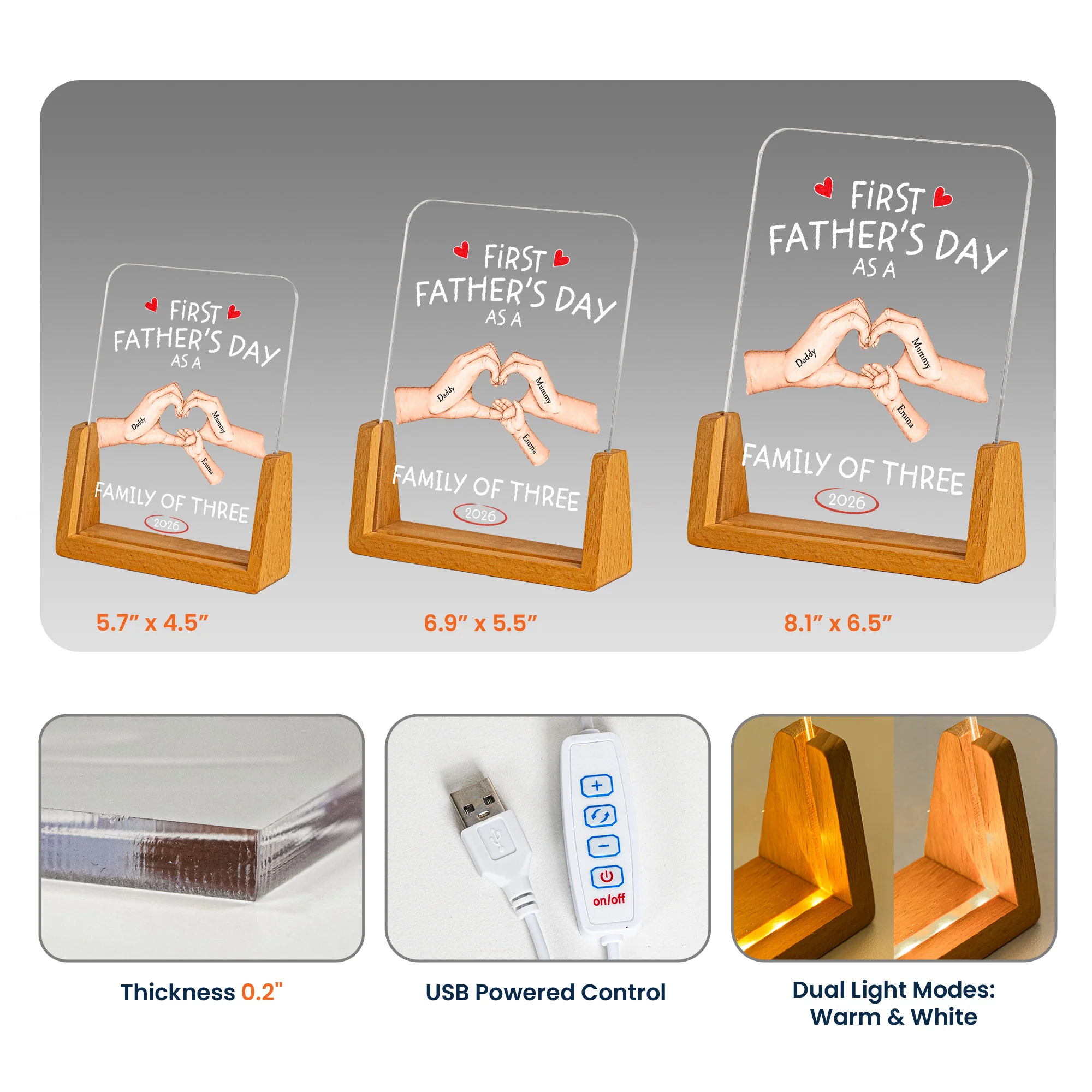 Father's Day As A Family Of Three - Personalized Night Light - Image 5