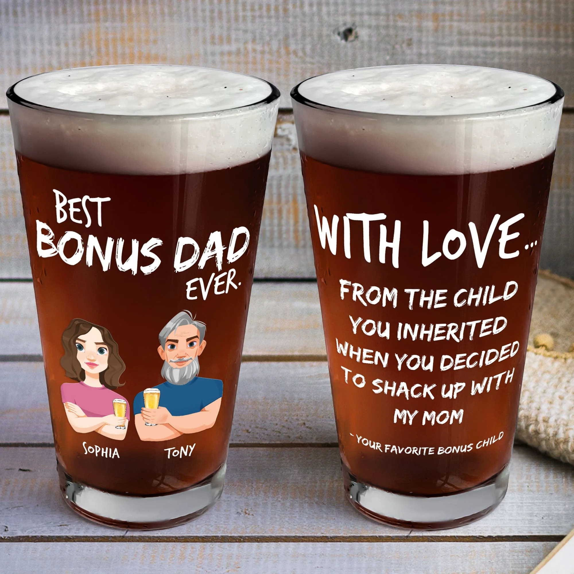 Father's Day Gift With Love Best Bonus Dad Ever - Personalized Beer Glass - Image 3