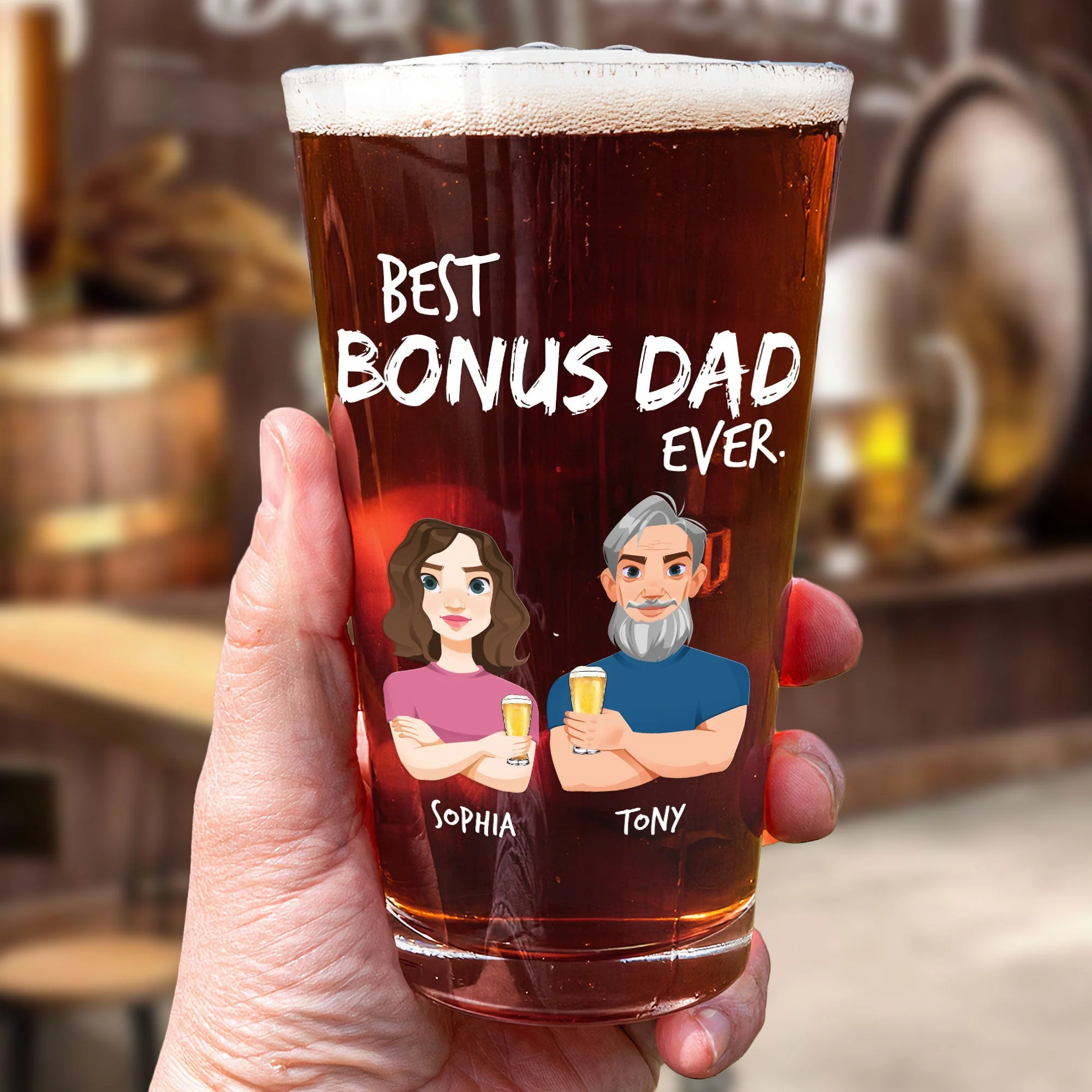 Father's Day Gift With Love Best Bonus Dad Ever - Personalized Beer Glass - Image 4