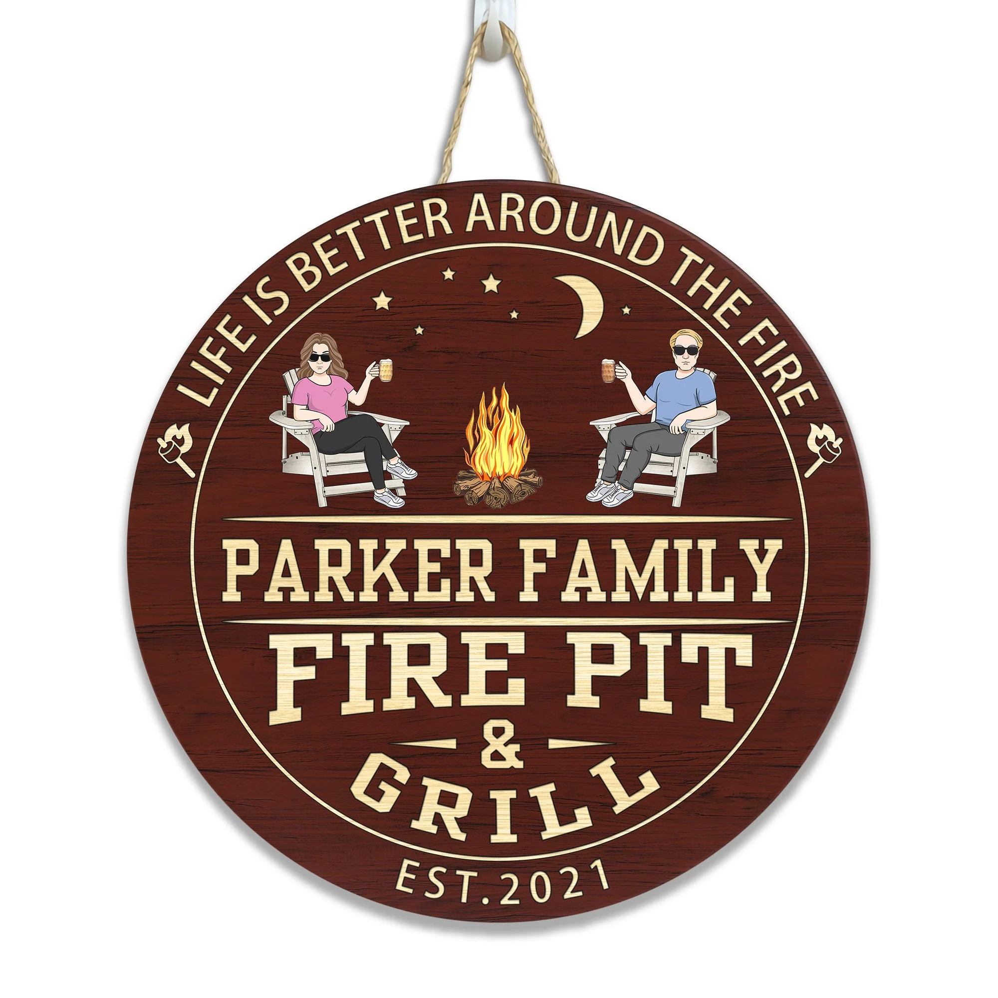 Fire Pit And Grill - Personalized Round Wood Sign