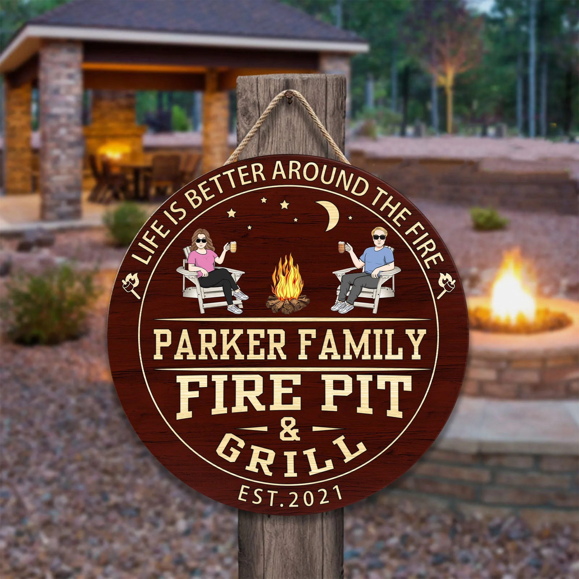Fire Pit And Grill - Personalized Round Wood Sign - Image 3