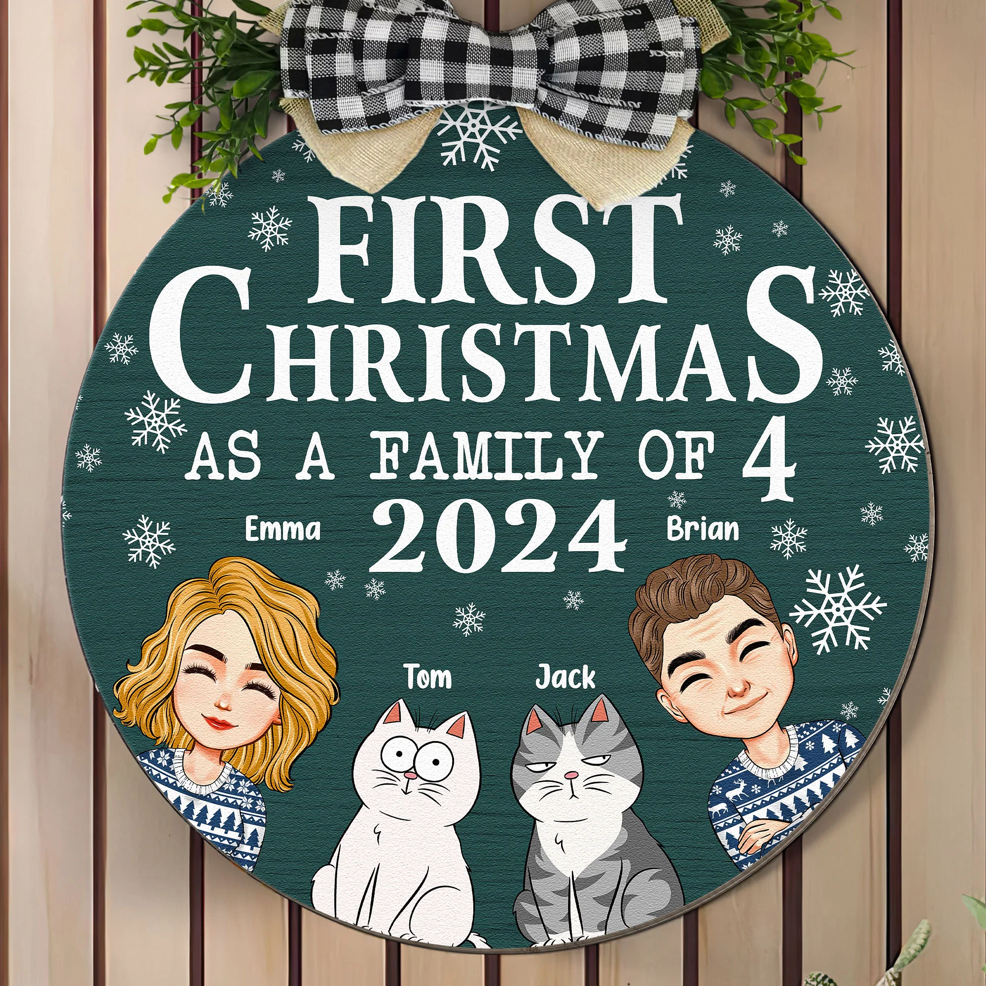 First Christmas As A Family With Cats - Personalized Wood Wreath - Image 2