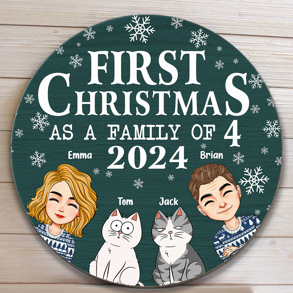 First Christmas As A Family With Cats - Personalized Wood Wreath - Image 3