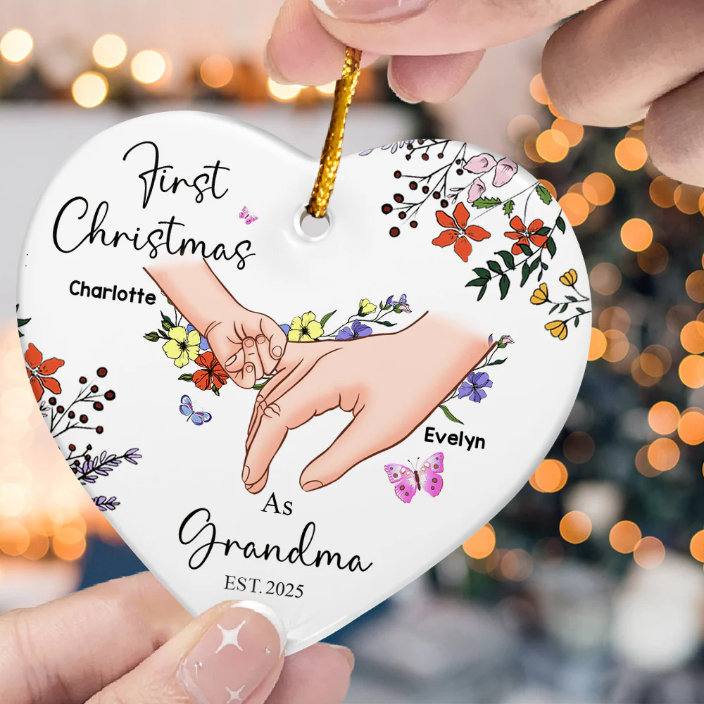 First Christmas As Grandma - Personalized Heart Shaped Ceramic Ornament - Image 2