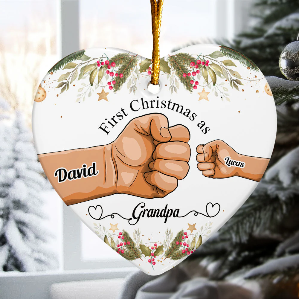First Christmas As Grandpa - Personalized Heart Shaped Ceramic Ornament