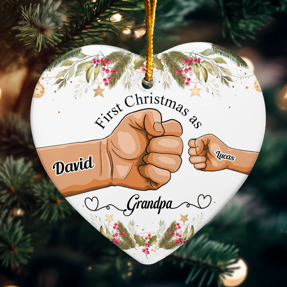 First Christmas As Grandpa - Personalized Heart Shaped Ceramic Ornament - Image 3