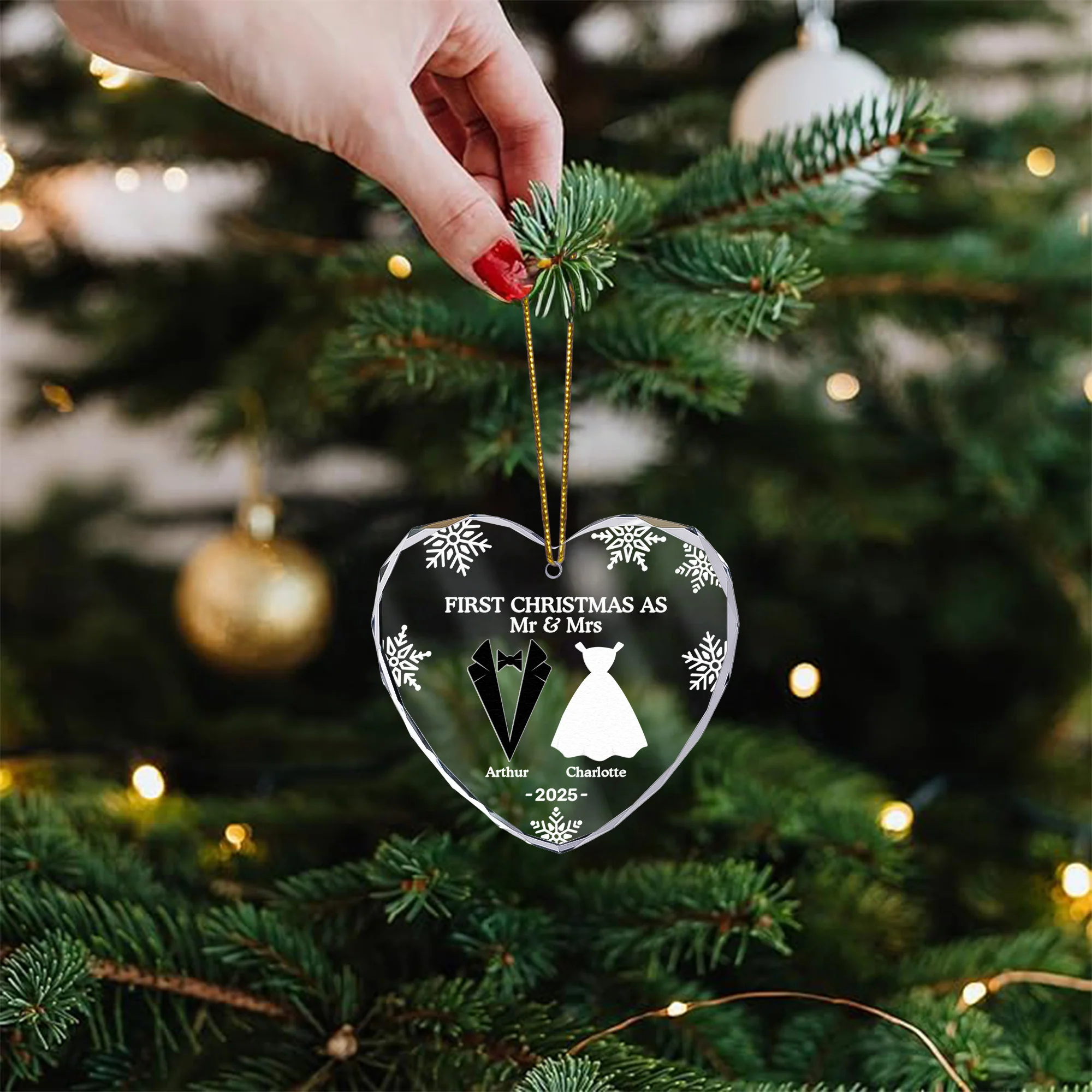First Christmas As Married Couples - Personalized Heart Glass Ornament - Image 2