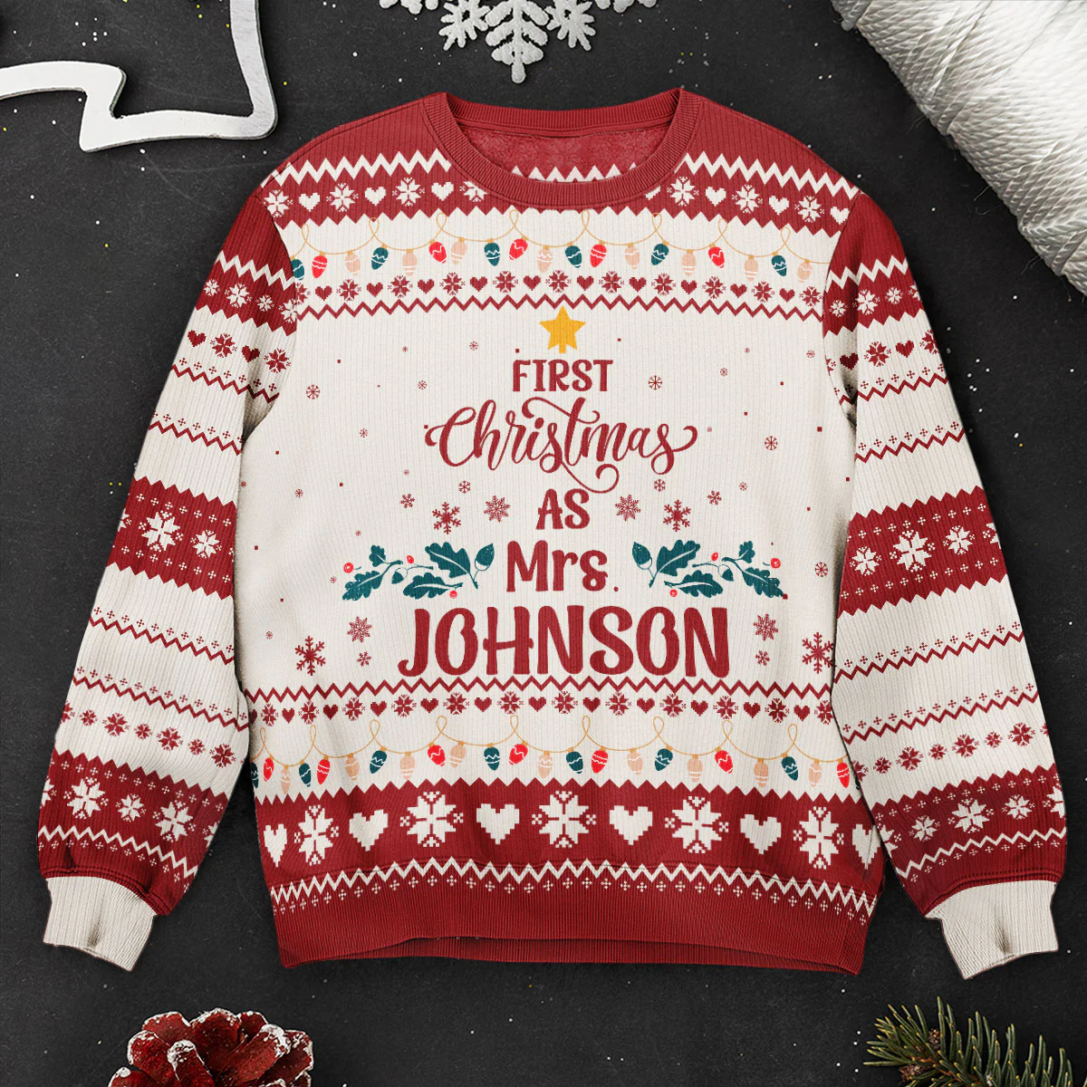 First Christmas As Mrs Newly Married Christmas Gift For Wife - Personalized Ugly Sweater - Image 2