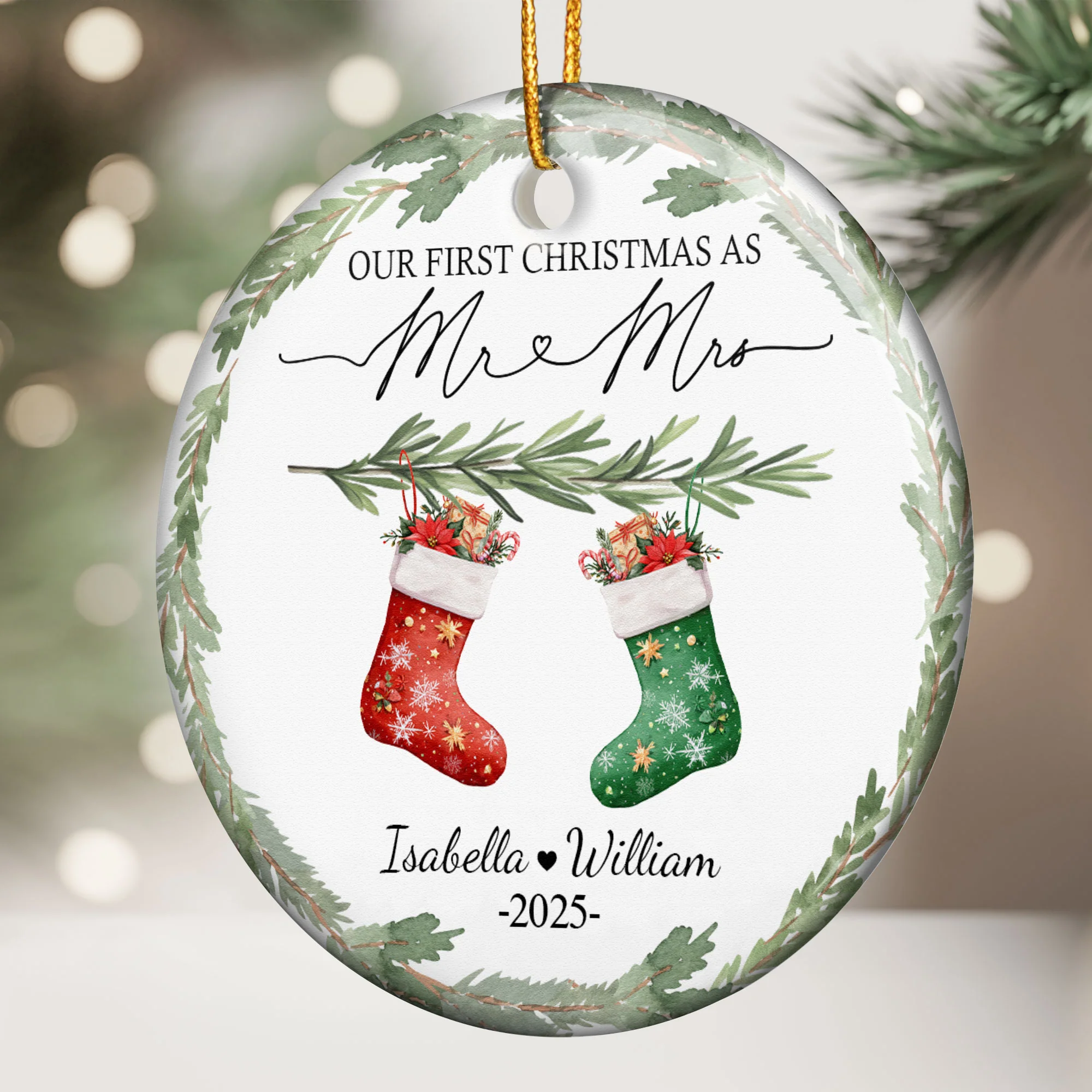 First Christmas Mr & Mrs Wedding Keepsake Engaged - Personalized Ceramic Ornament - Image 2