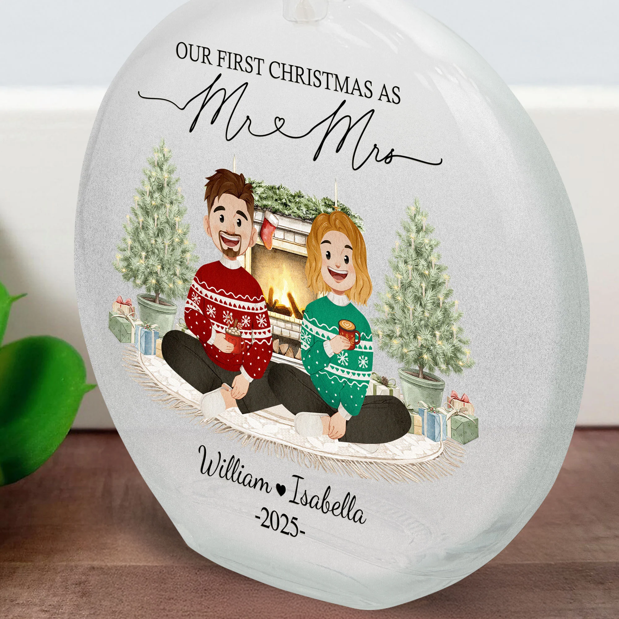 First Christmas Mr & Mrs Wedding Keepsake - Personalized Round Flat Bottle Light - Image 2