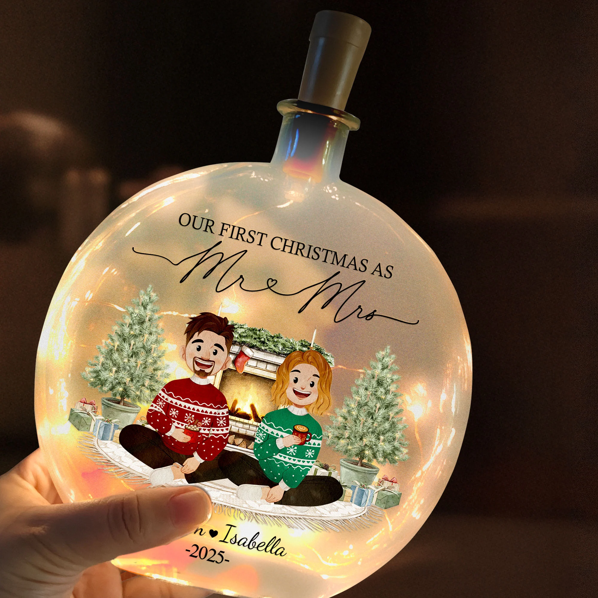 First Christmas Mr & Mrs Wedding Keepsake - Personalized Round Flat Bottle Light - Image 4