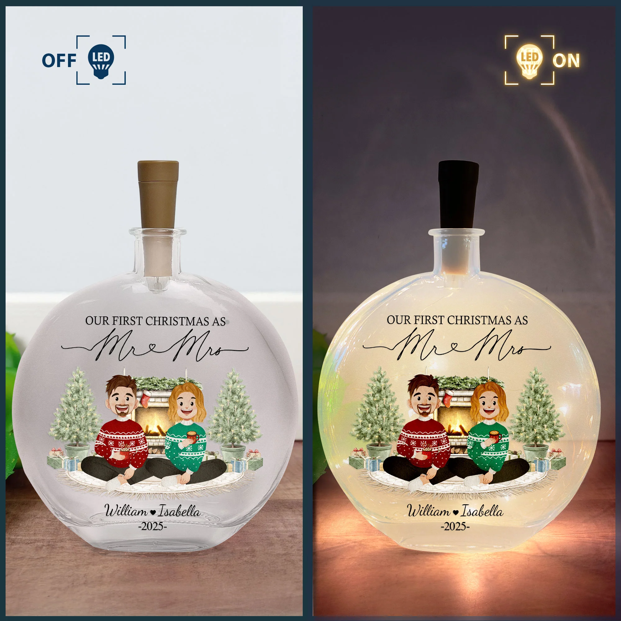 First Christmas Mr & Mrs Wedding Keepsake - Personalized Round Flat Bottle Light - Image 5
