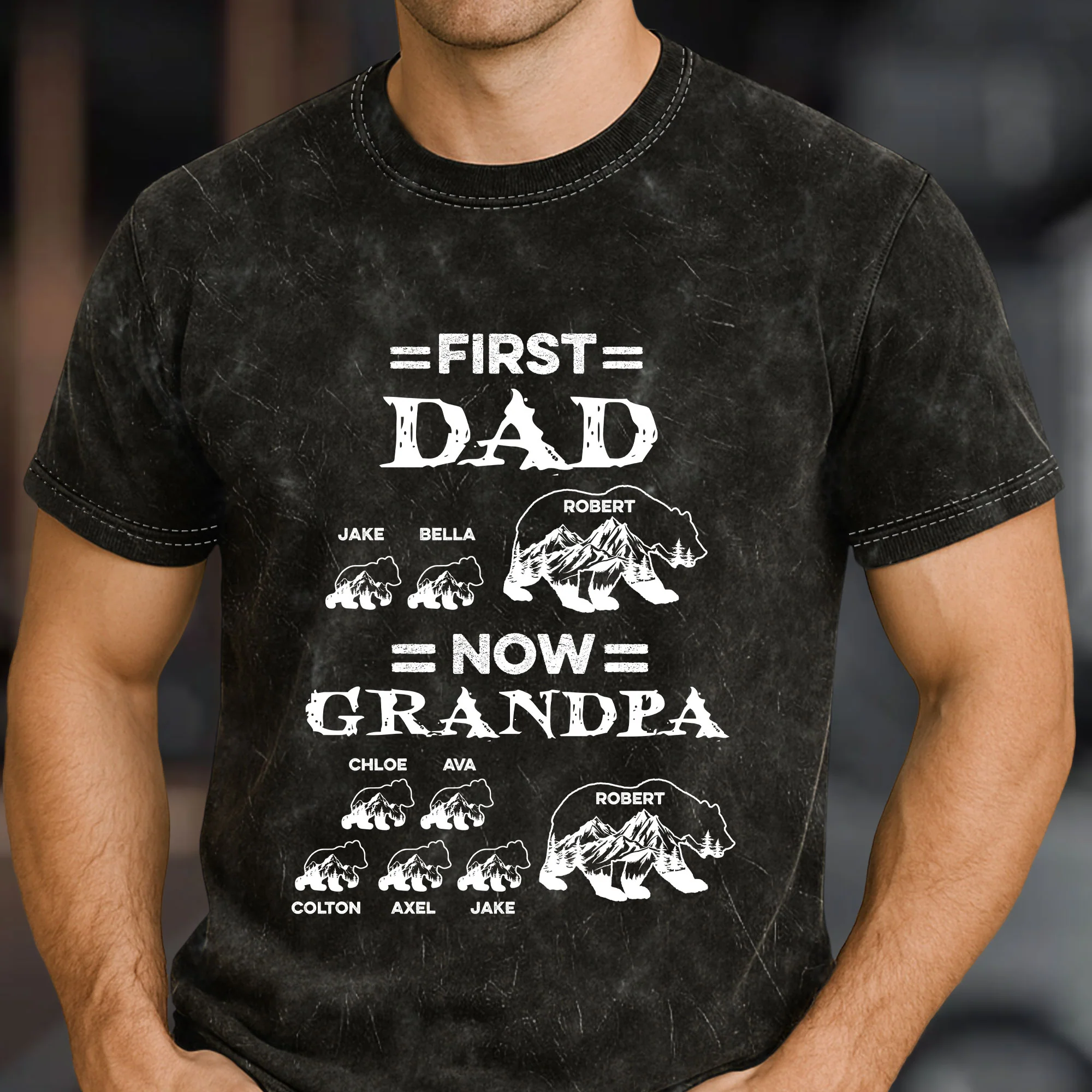 First Dad Now Grandpa Bear - Personalized Acid Wash T‑Shirt - Image 3