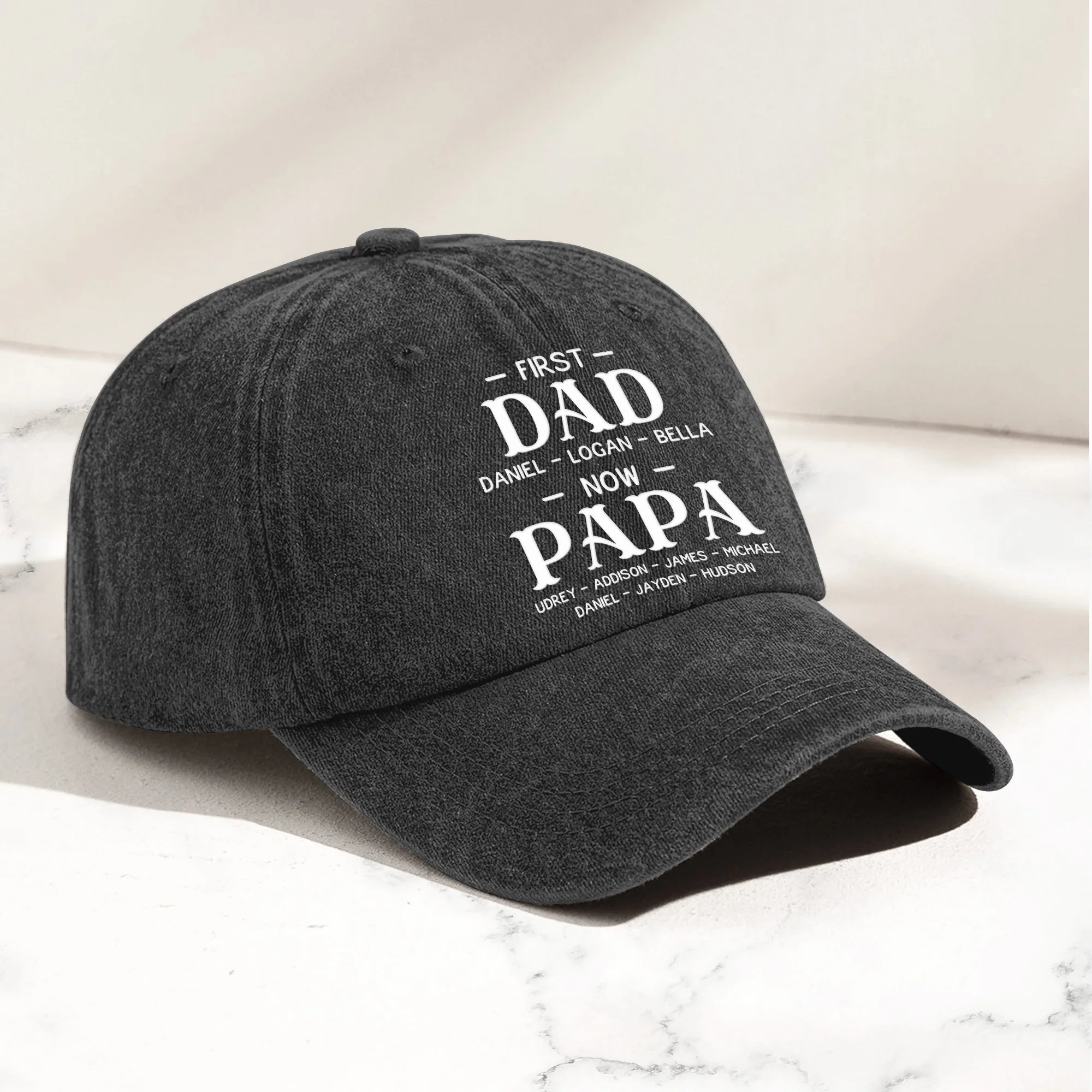 First Dad Now Grandpa With Kids' Names - Personalized Distressed Denim Cap - Image 2