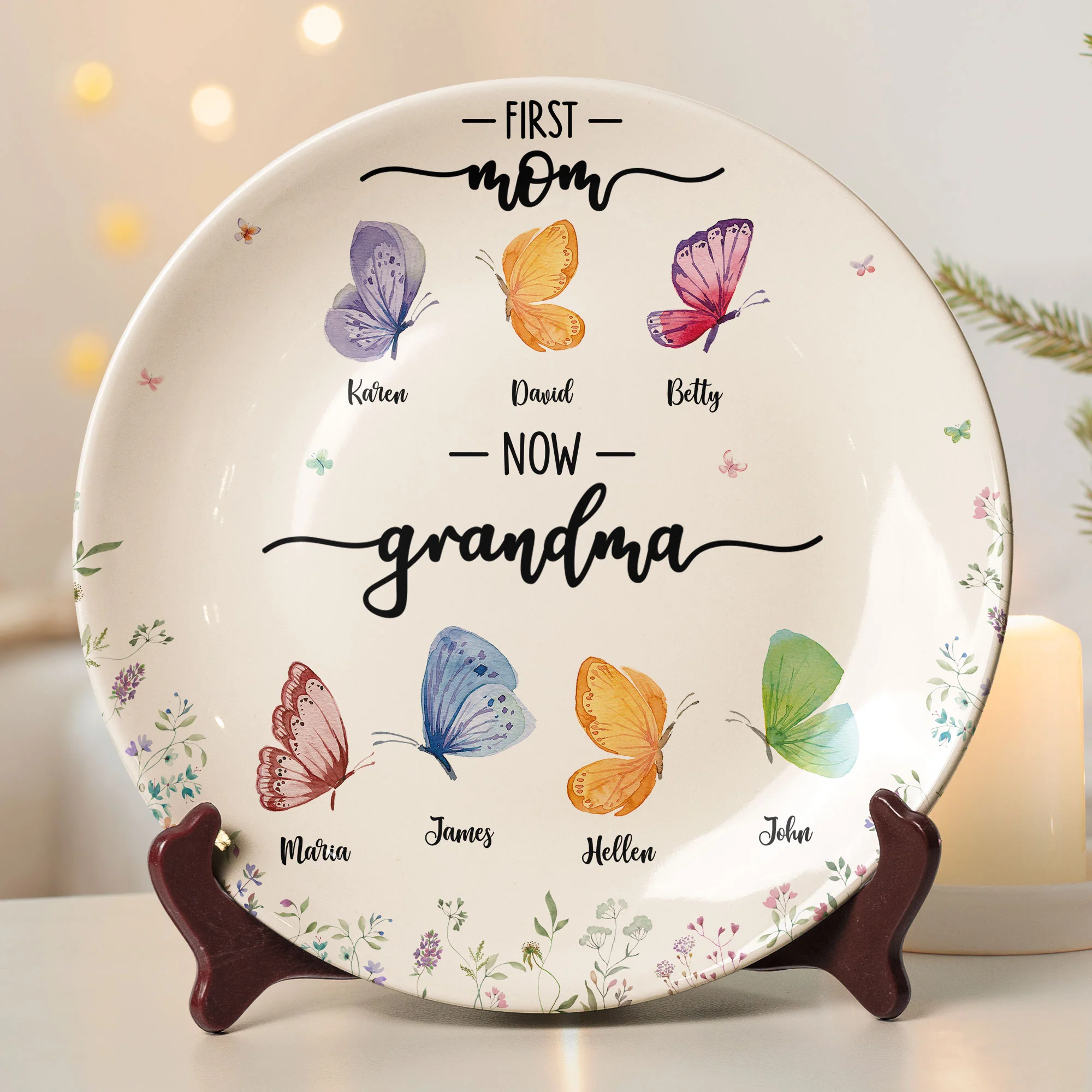 First Mom Now Grandma - Butterfly Version - Personalized Ceramic Plate