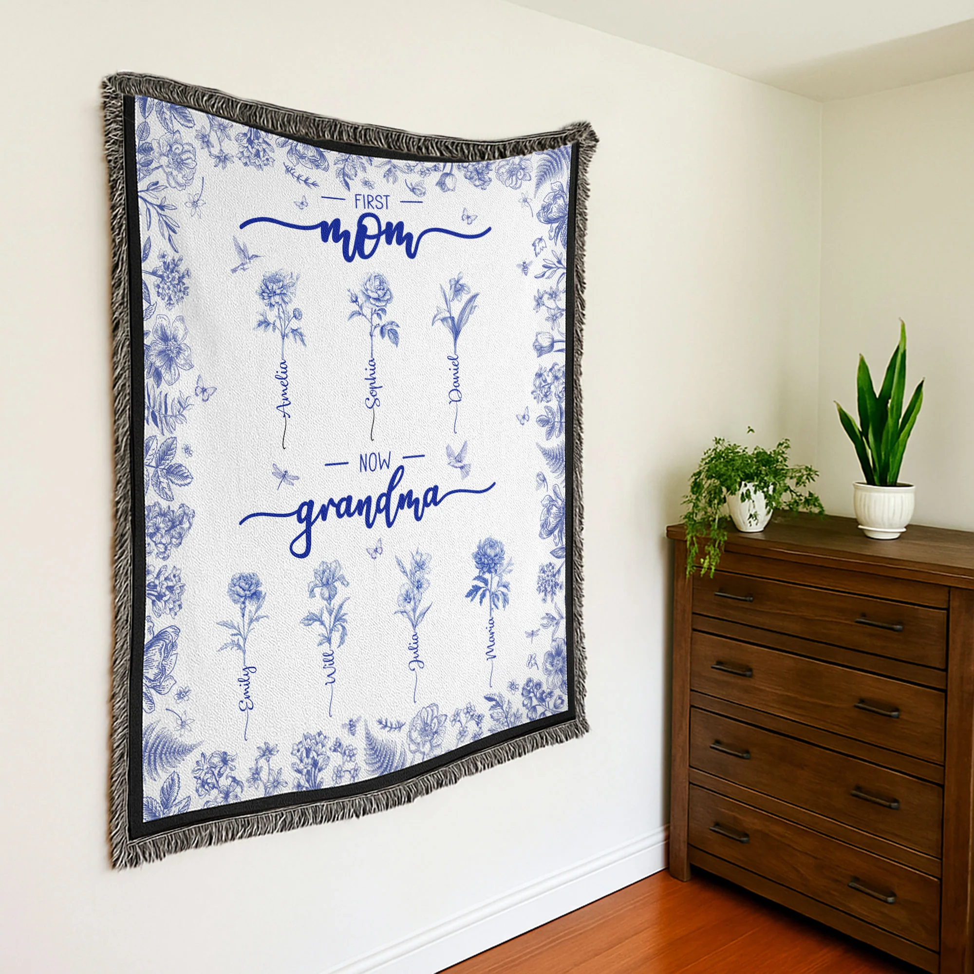First Mom Now Grandma Custom Birth Flower Toile De Jouy - Personalized Woven Blanket - Image 2
