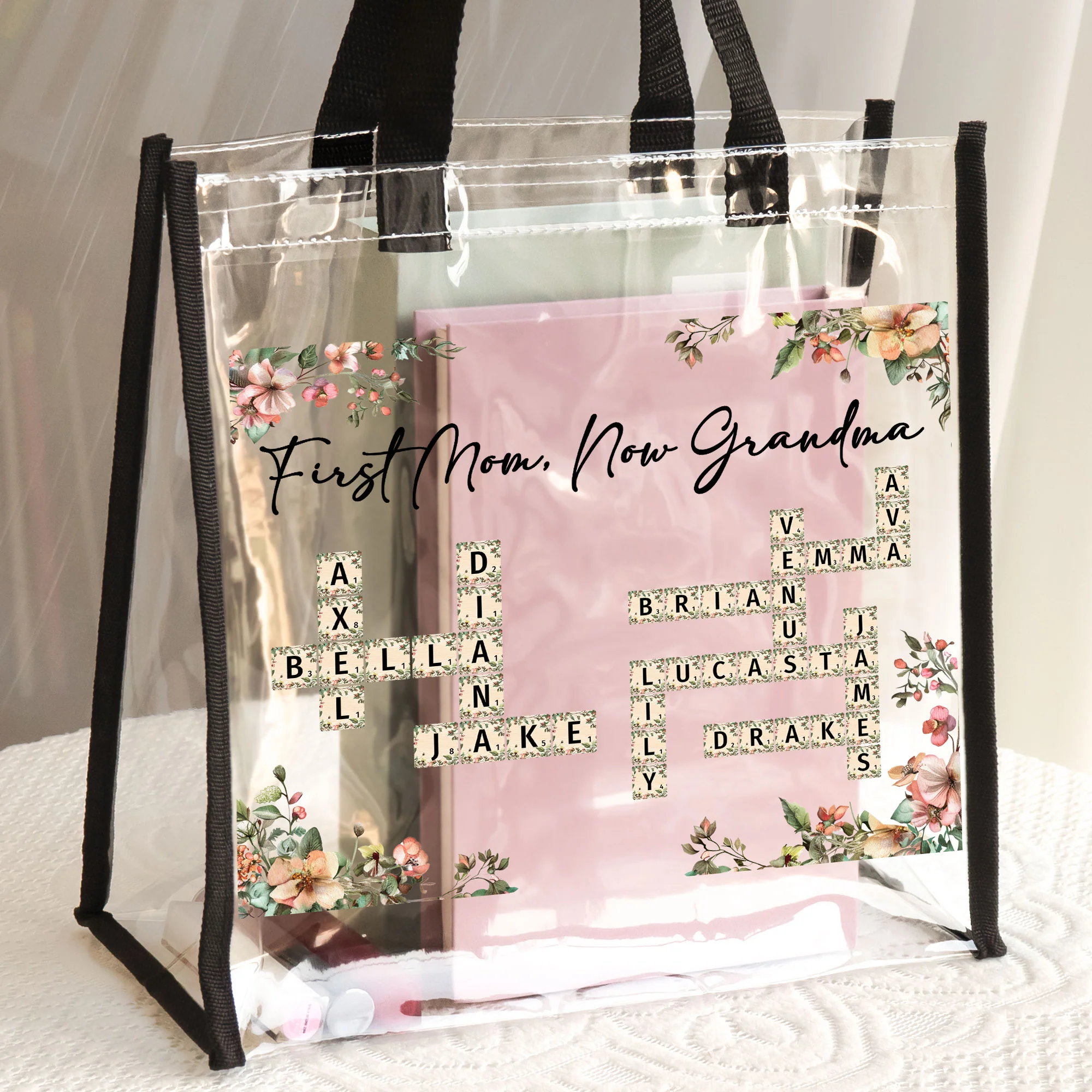 First Mom Now Grandma Floral Scrabble Name - Custom Clear Tote Bag - Image 3