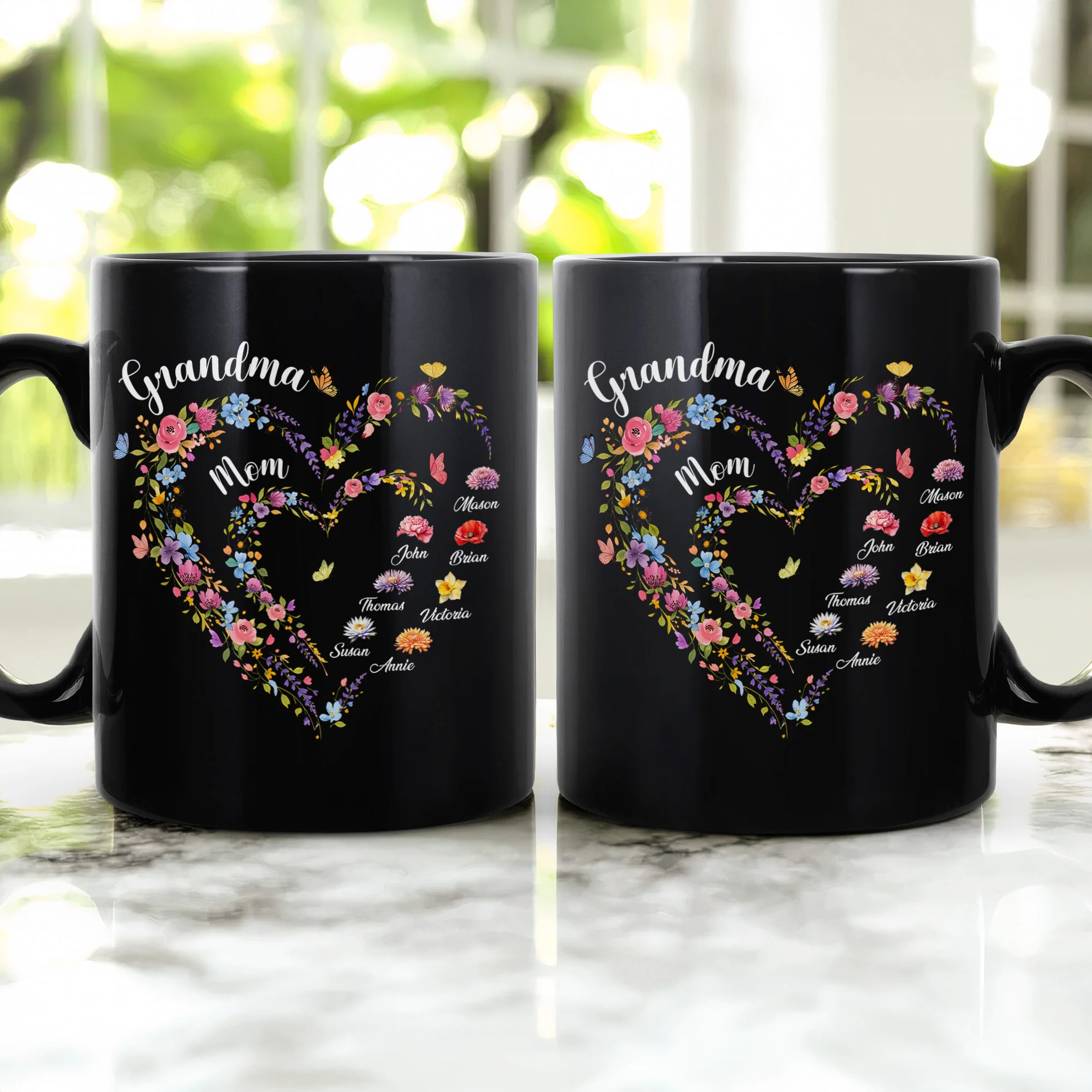 First Mom Now Grandma Heart Flower With Kids' Names & Birth Flower Black Ver - Personalized Mug - Image 2