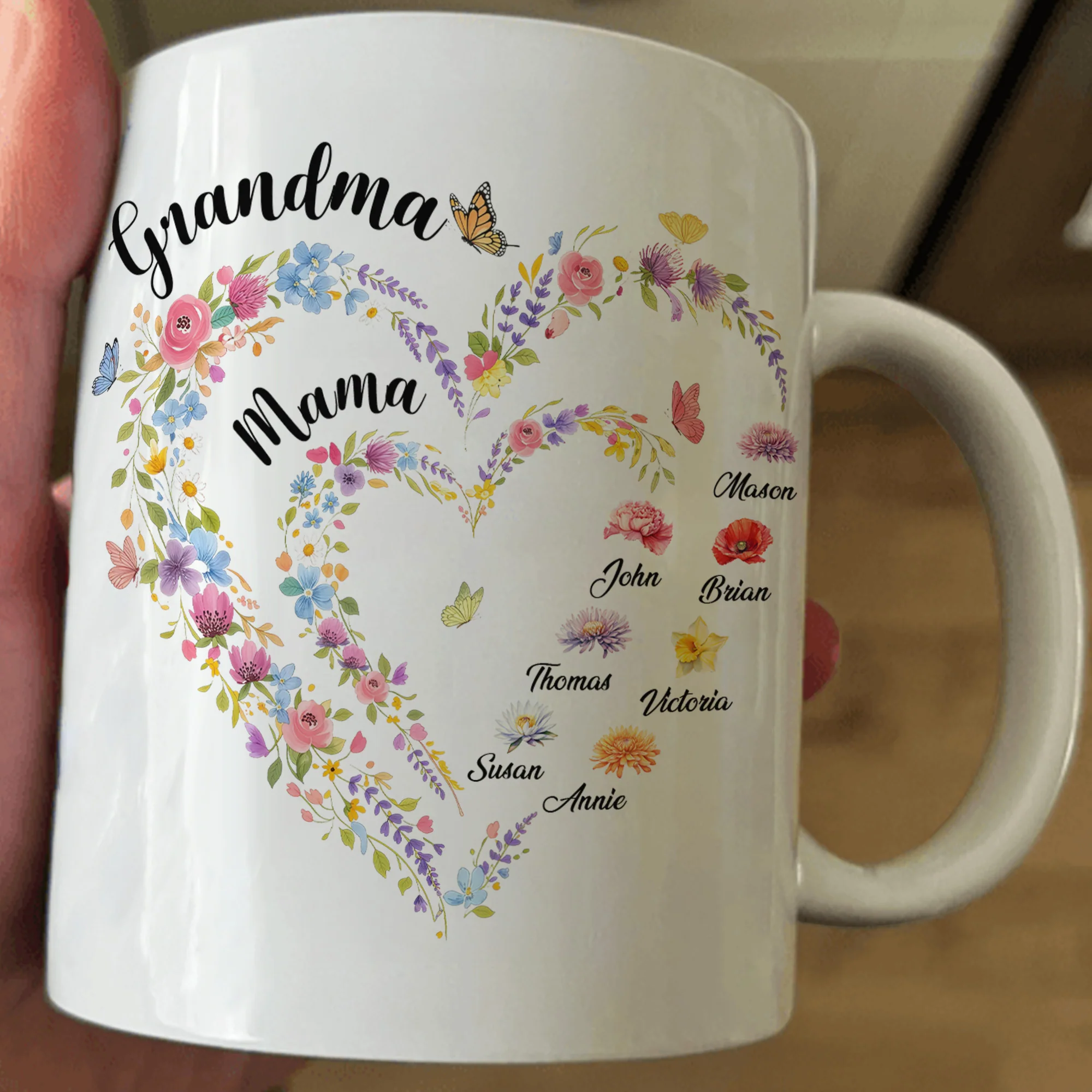 First Mom Now Grandma Heart Flower With Kids' Names & Birth Flower - Personalized Mug