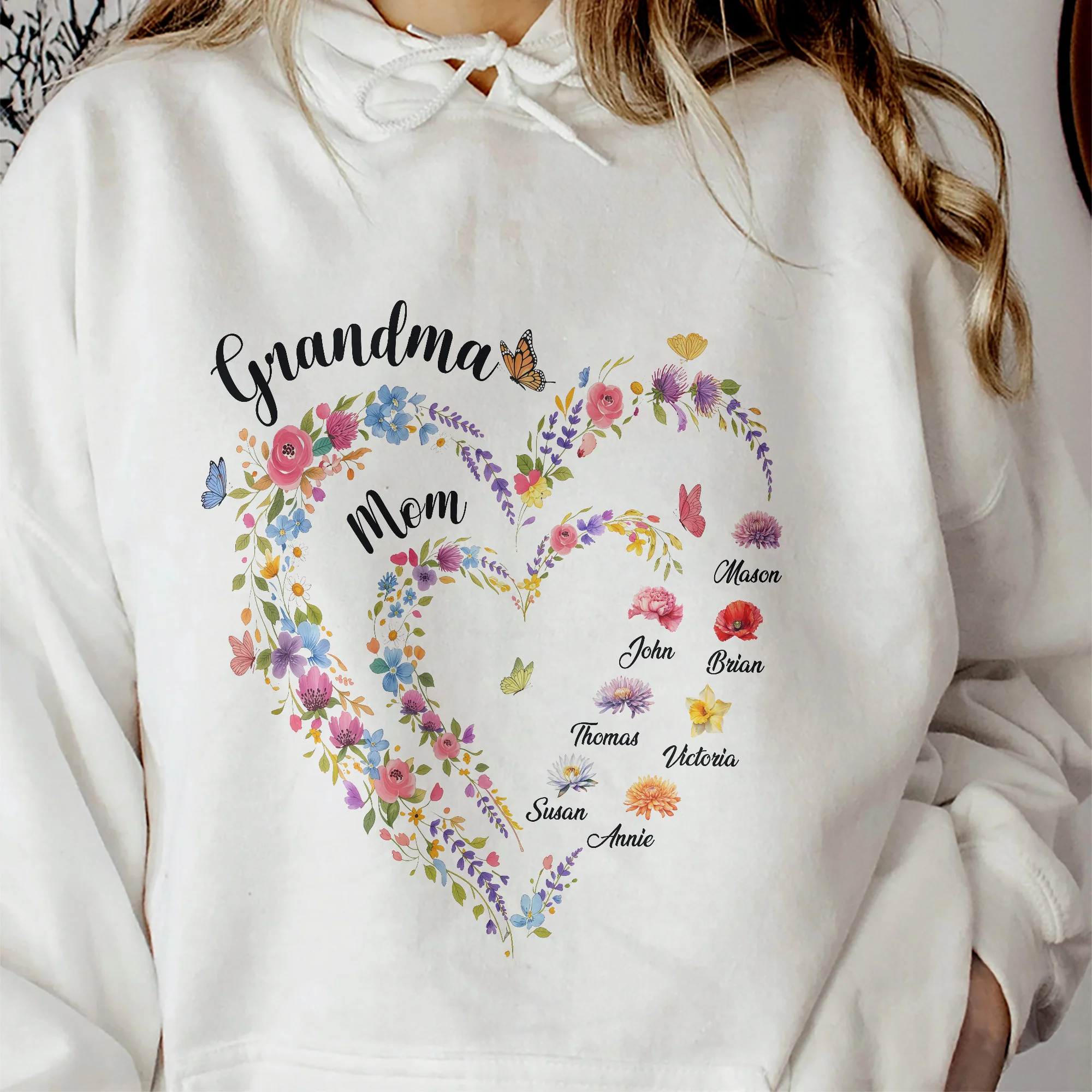 First Mom Now Grandma Heart Flower With Kids' Names & Birth Flower - Personalized Shirt - Image 6