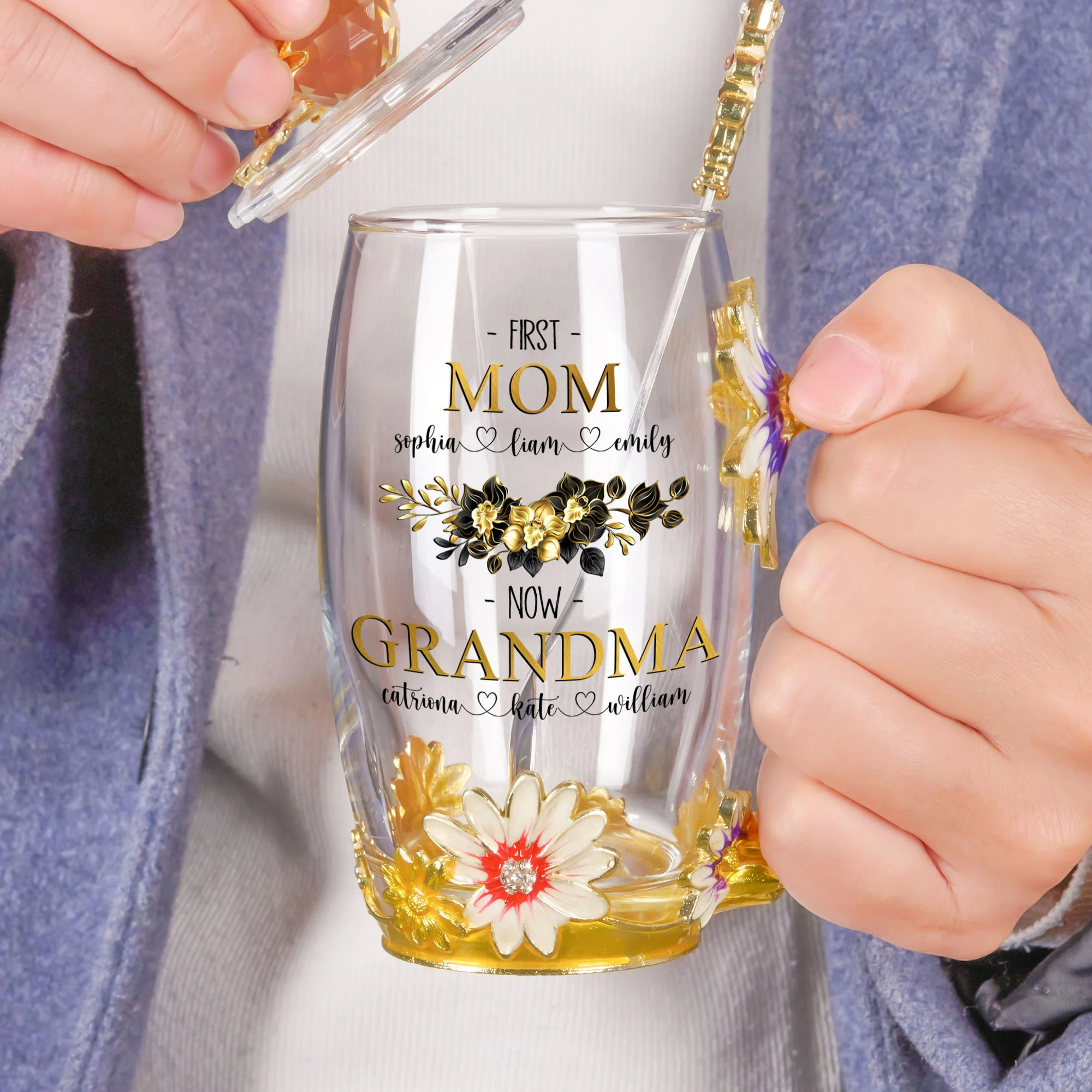 First Mom Now Grandma - Personalized Enamel Flower Tea Cup - Image 4