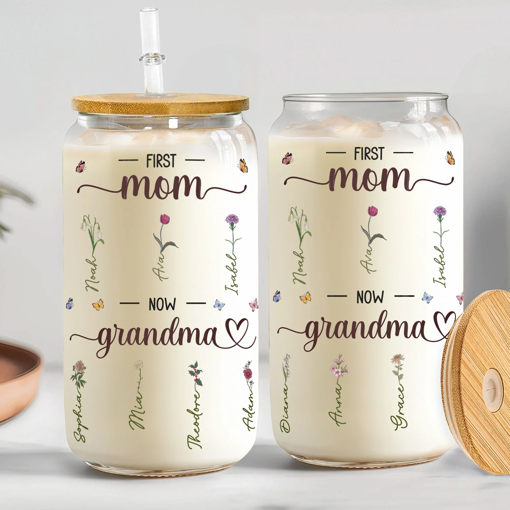 First Mom Now Grandma With Birth Flowers - Personalized Glass Cup - Image 3