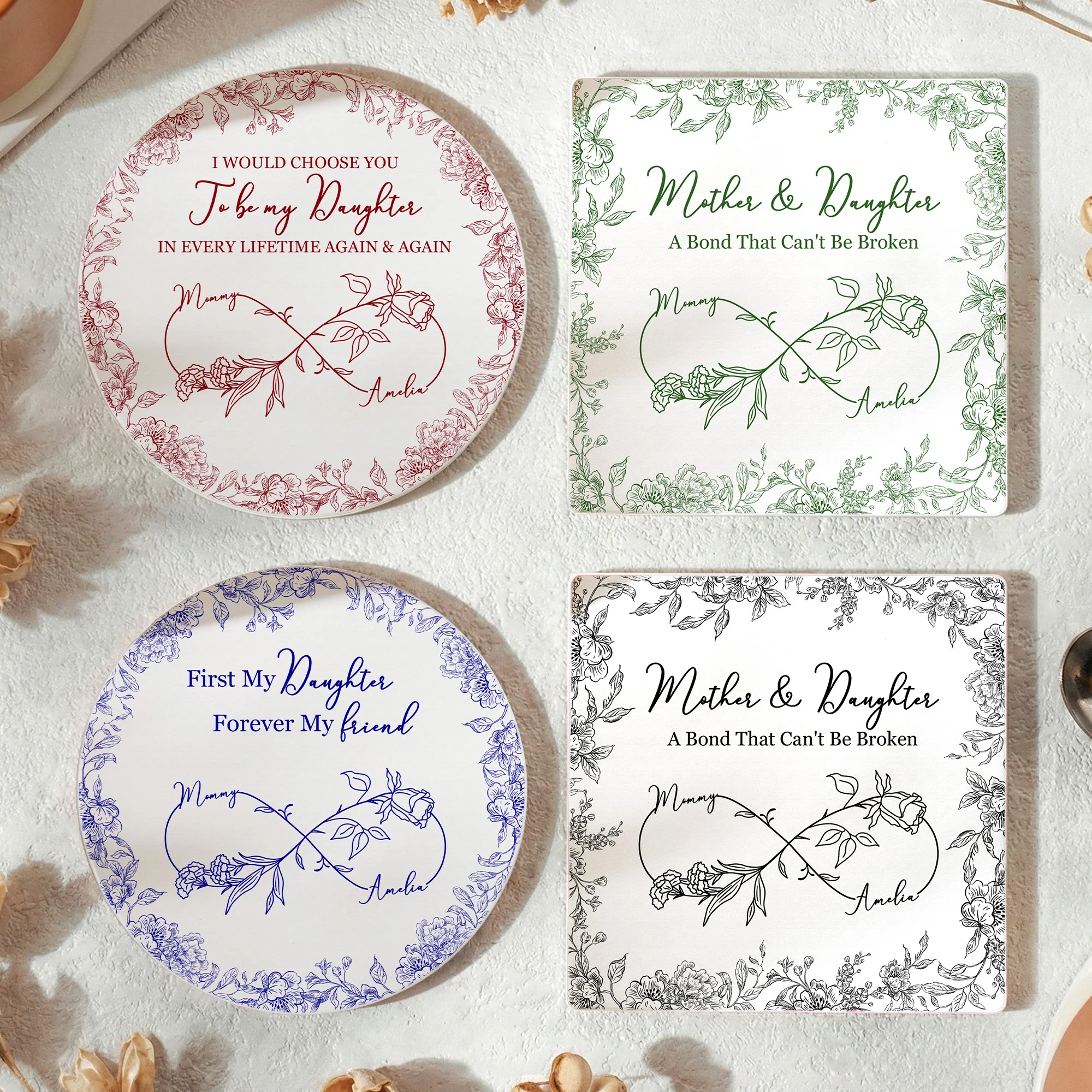 First My Daughter Forever My Friend Toile De Jouy Birth Flower - Personalized Coaster