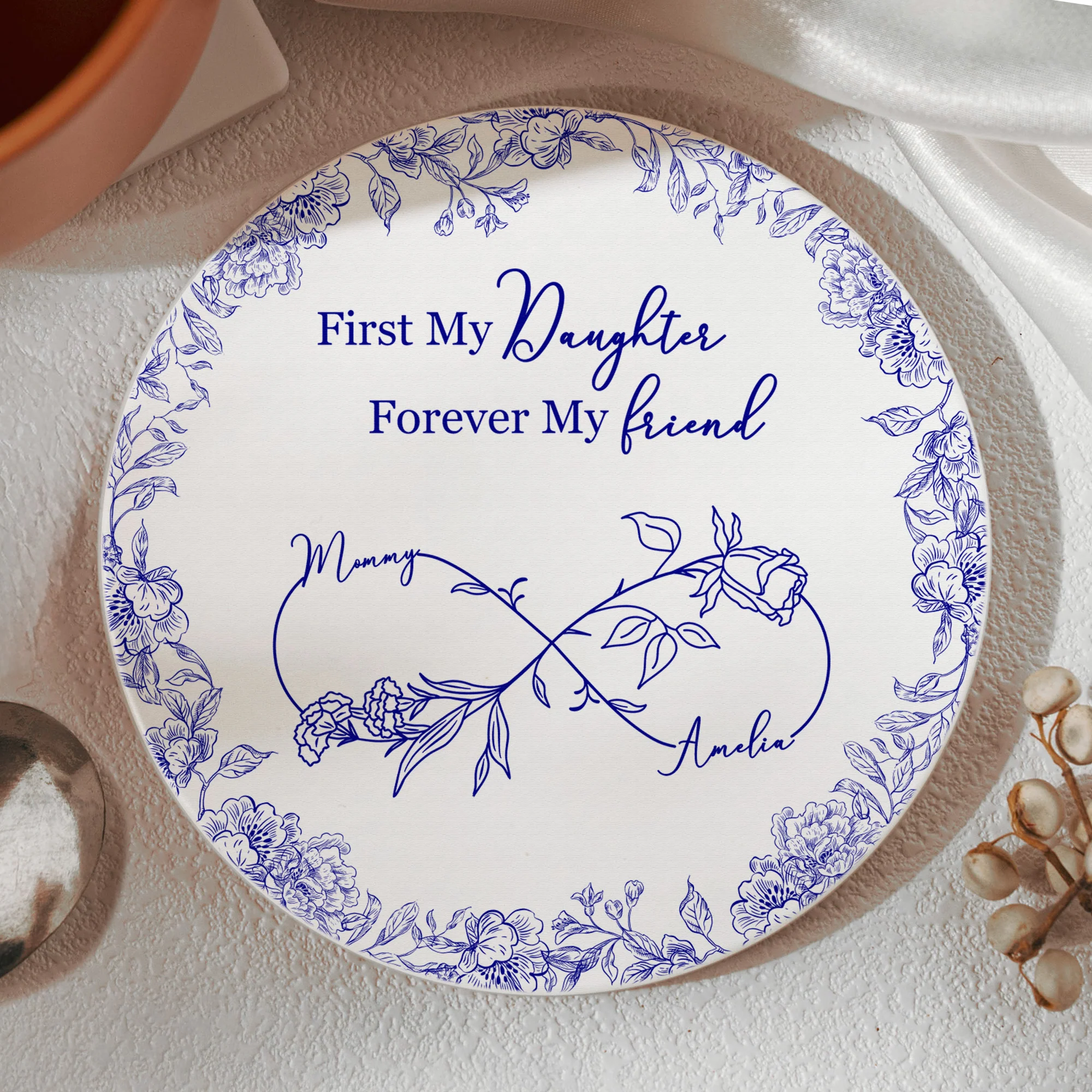 First My Daughter Forever My Friend Toile De Jouy Birth Flower - Personalized Coaster - Image 2