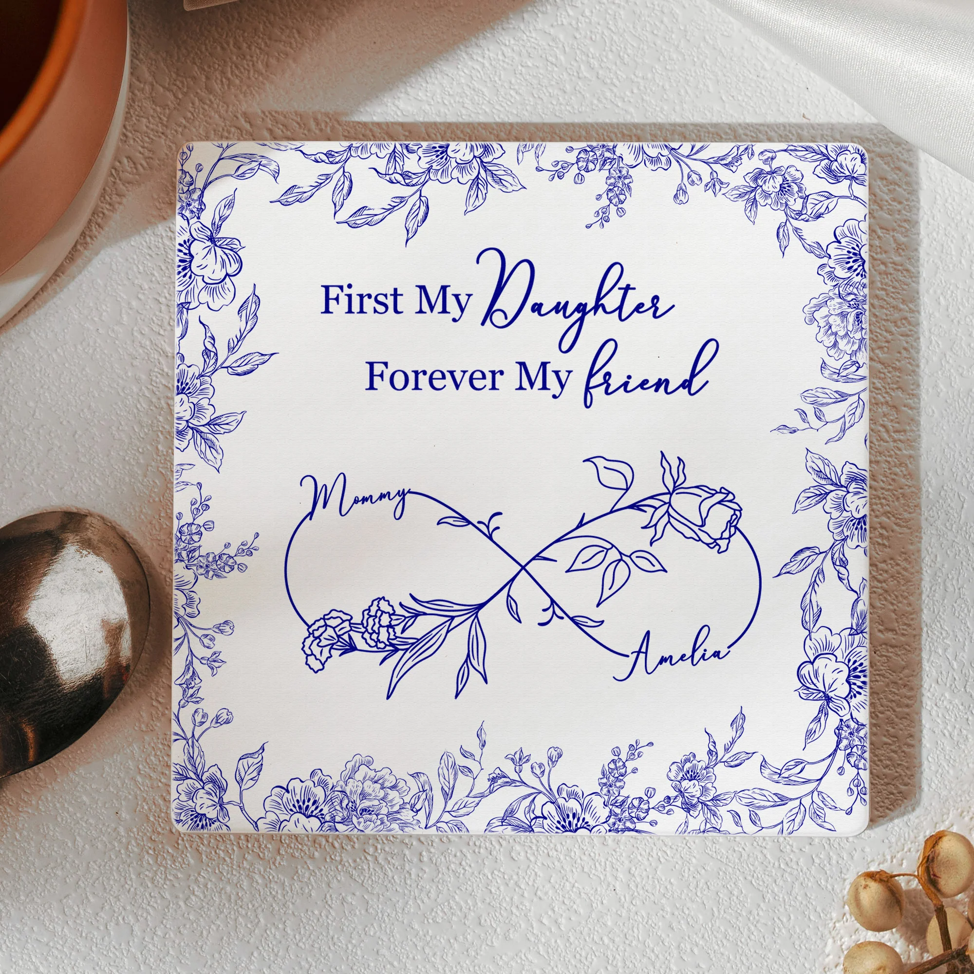 First My Daughter Forever My Friend Toile De Jouy Birth Flower - Personalized Coaster - Image 3