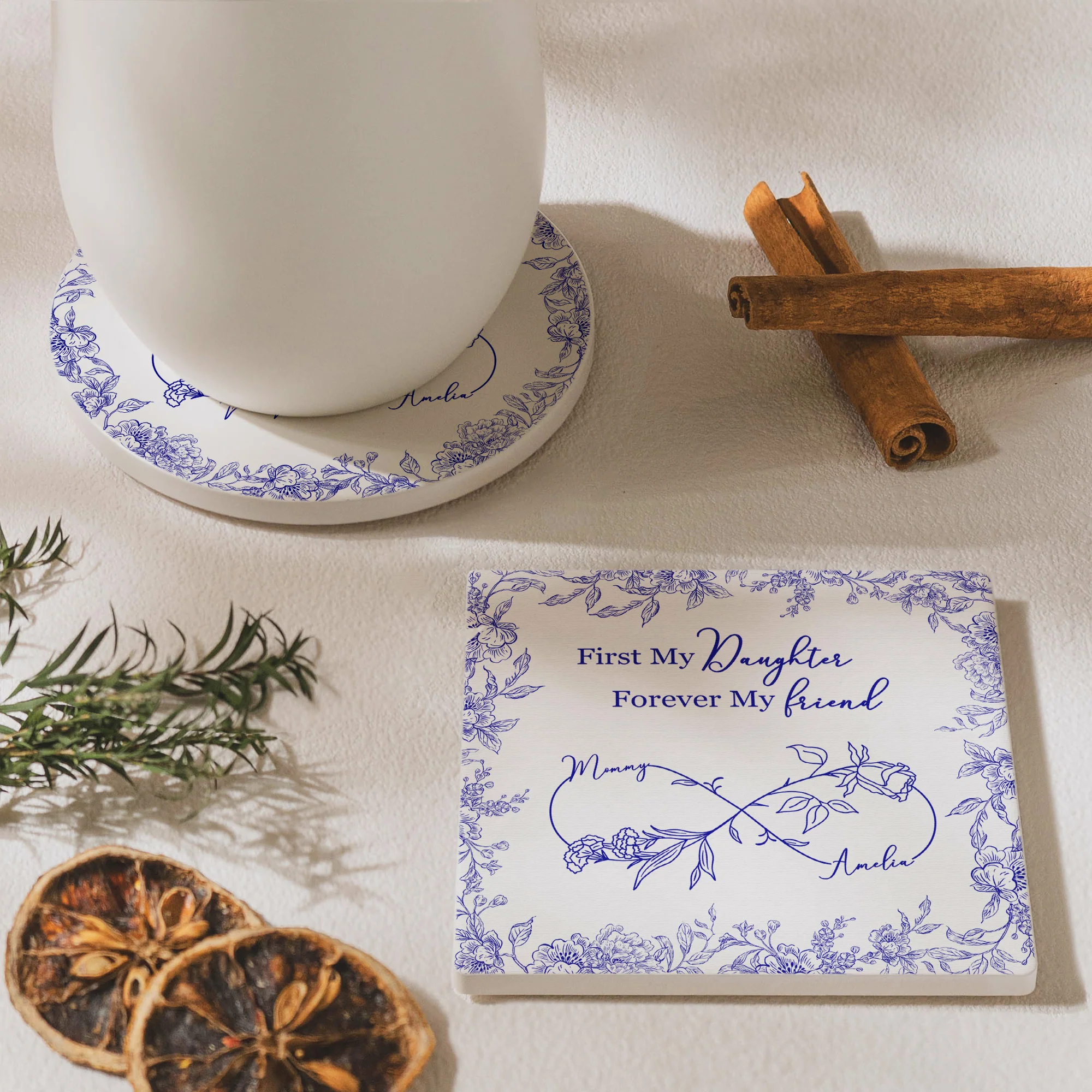 First My Daughter Forever My Friend Toile De Jouy Birth Flower - Personalized Coaster - Image 4