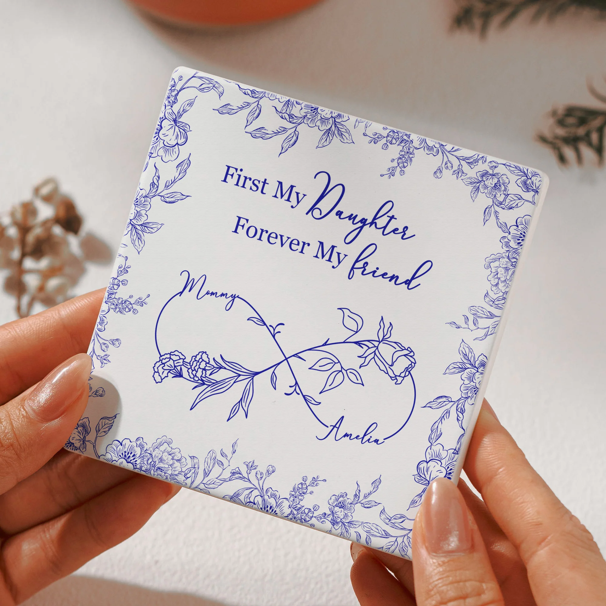 First My Daughter Forever My Friend Toile De Jouy Birth Flower - Personalized Coaster - Image 5