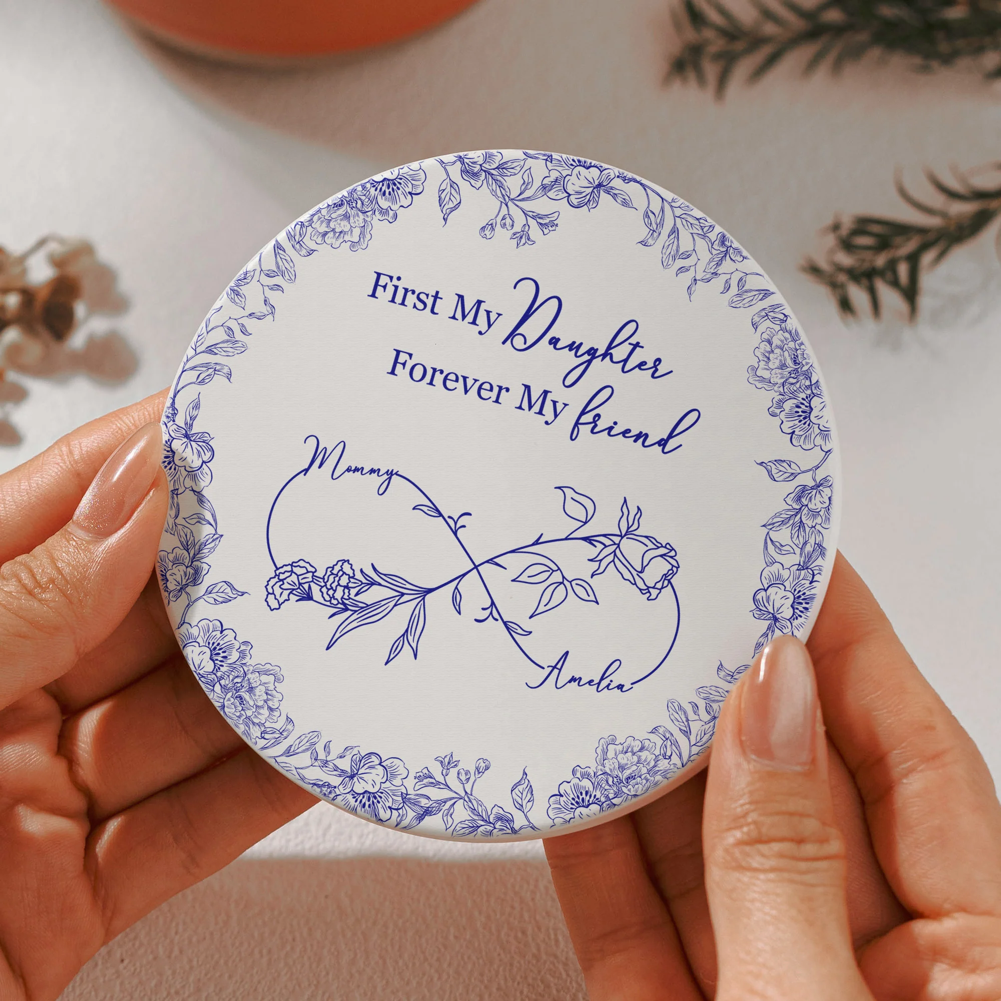 First My Daughter Forever My Friend Toile De Jouy Birth Flower - Personalized Coaster - Image 6
