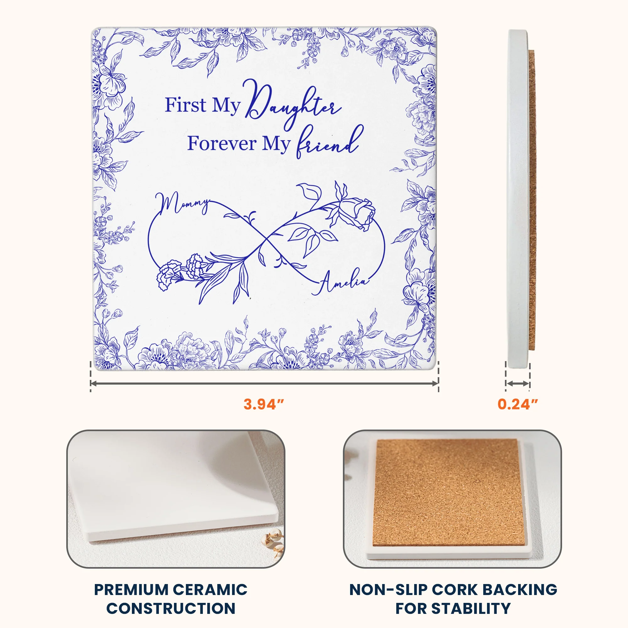 First My Daughter Forever My Friend Toile De Jouy Birth Flower - Personalized Coaster - Image 8