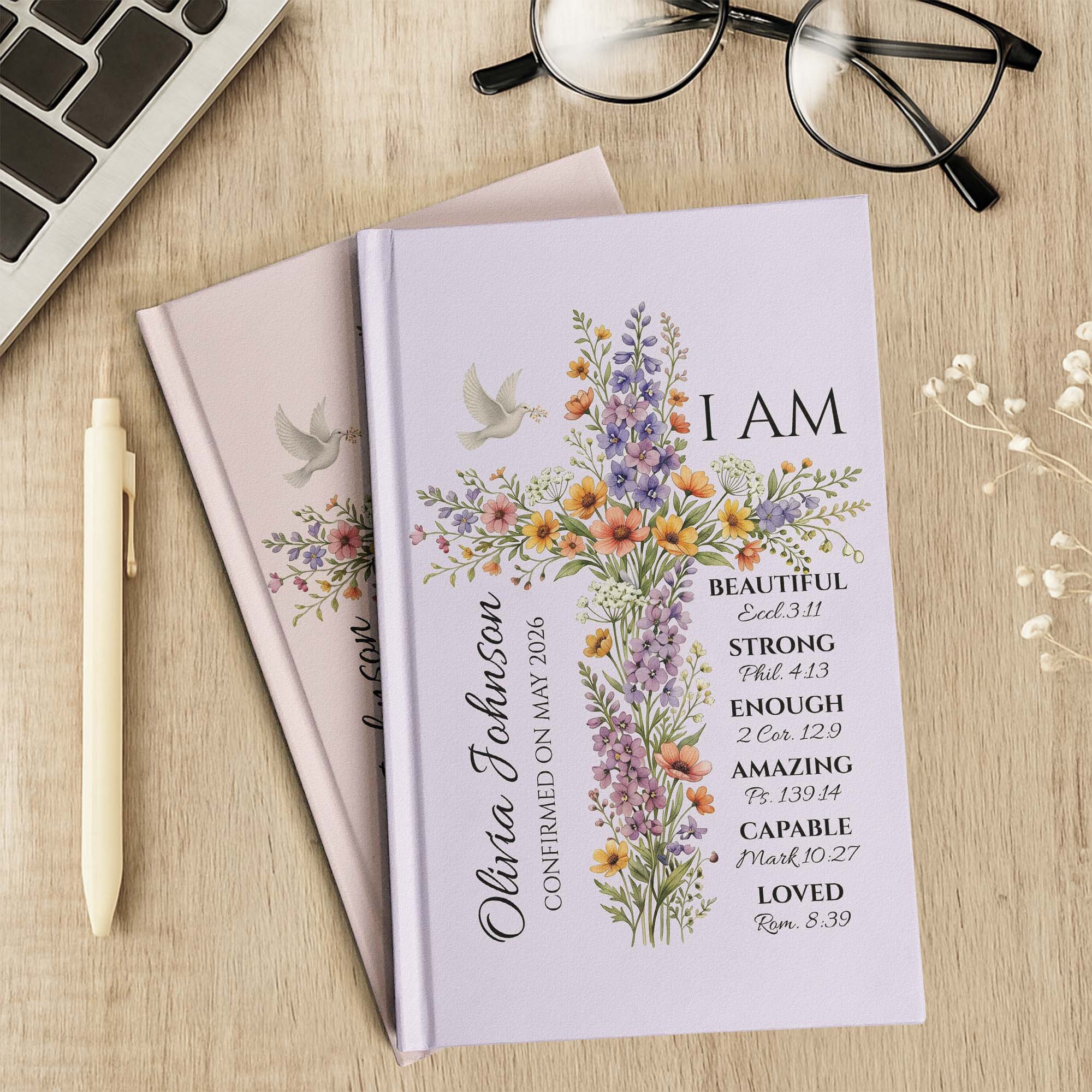 Floral Cross Journal With Custom Name, God Says I Am - Personalized Journal - Image 4