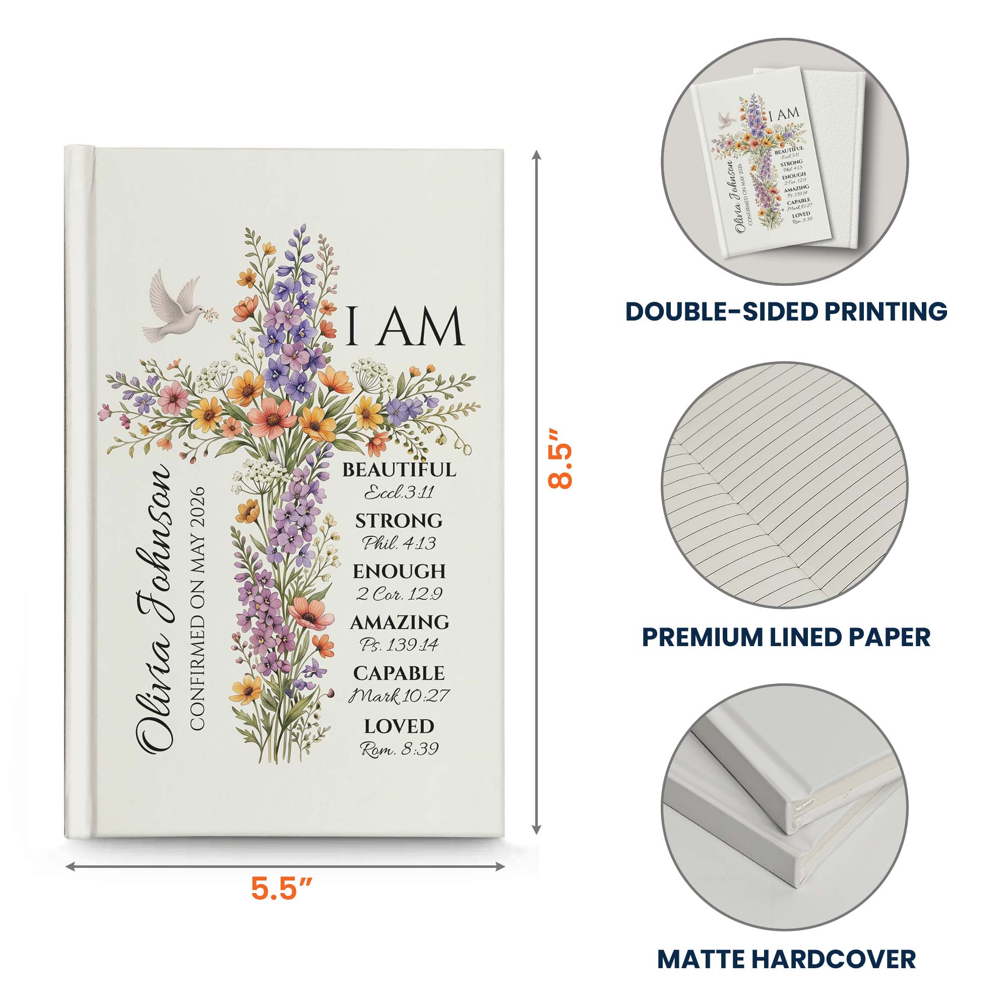 Floral Cross Journal With Custom Name, God Says I Am - Personalized Journal - Image 6