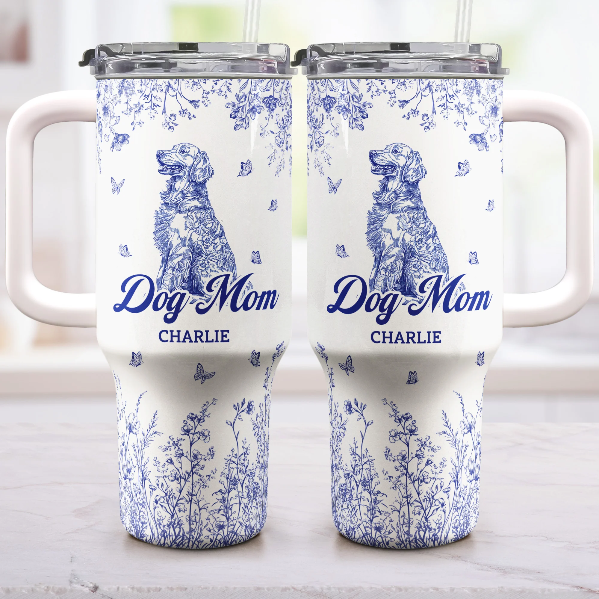 Floral Dog Mom Toile De Jouy Custom Breeds - Personalized 40oz Tumbler With Straw - Image 2