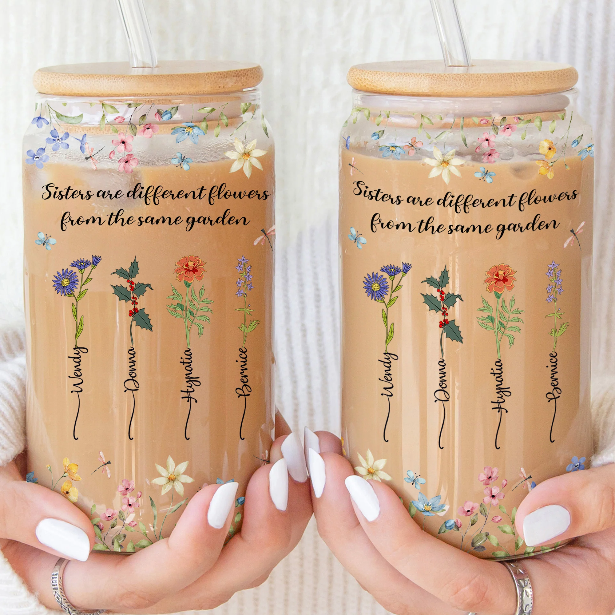 Floral Sisters Are Different Flowers From The Same Garden - Personalized Clear Glass Cup - Image 2