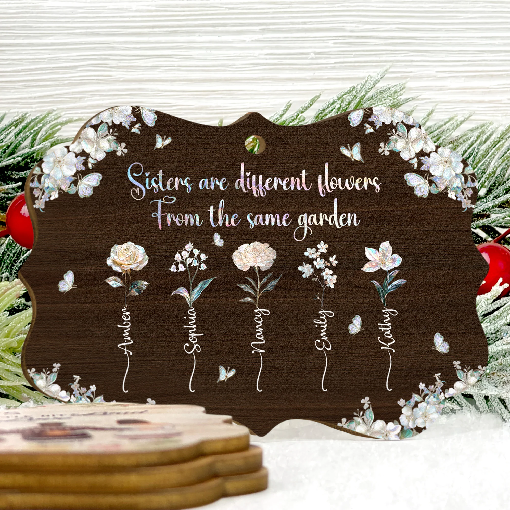 For Besties Sisters Custom Birth Flowers Pearl Effect Printed - Personalized Aluminum/Wooden Ornament - Image 2