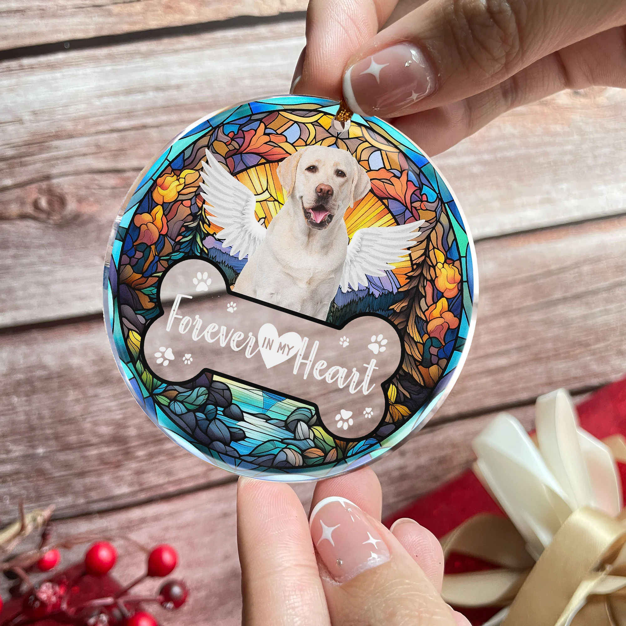 Forever In My Heart Pet Loss Stained Glass Style - Personalized Acrylic Photo Ornament - Image 2