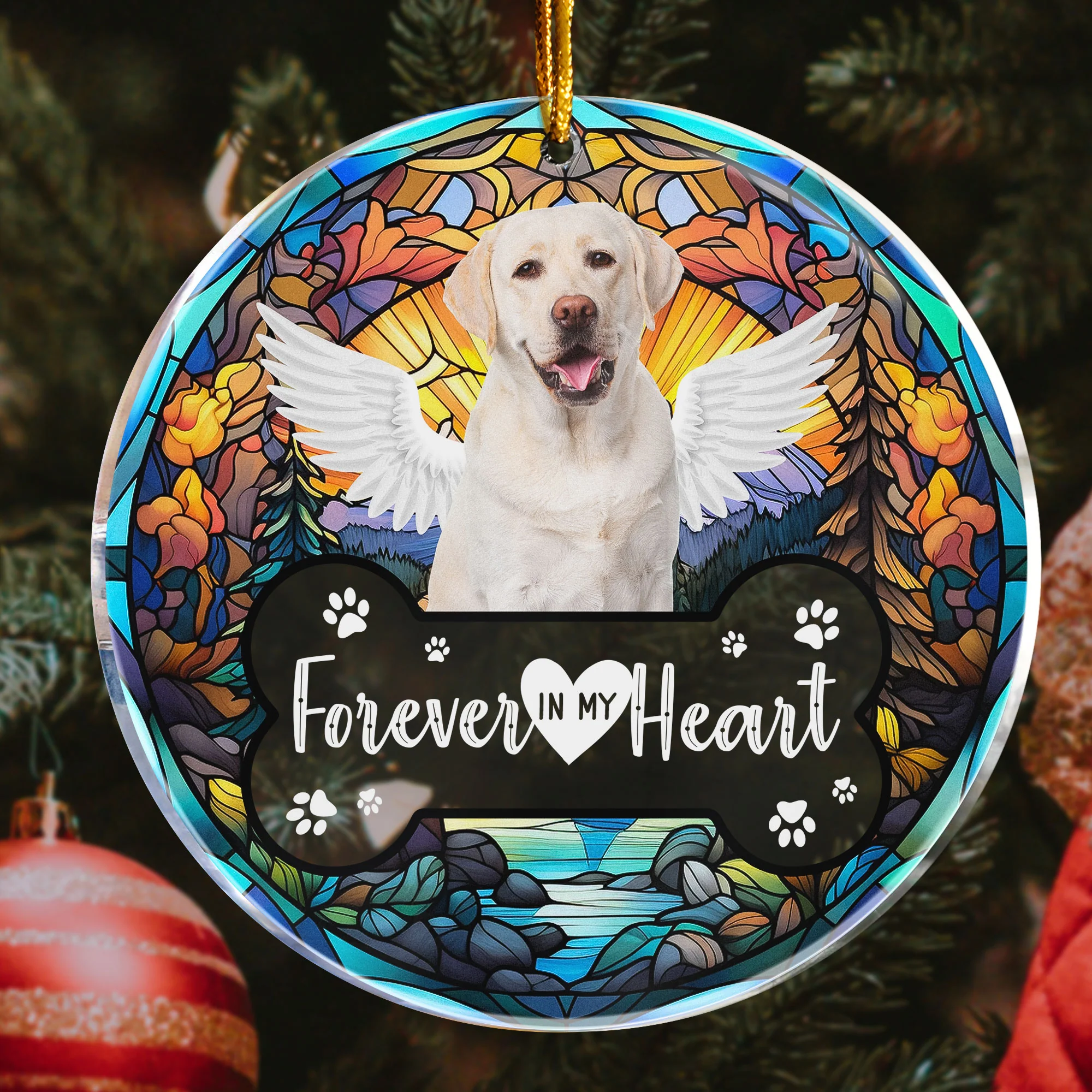 Forever In My Heart Pet Loss Stained Glass Style - Personalized Acrylic Photo Ornament - Image 4