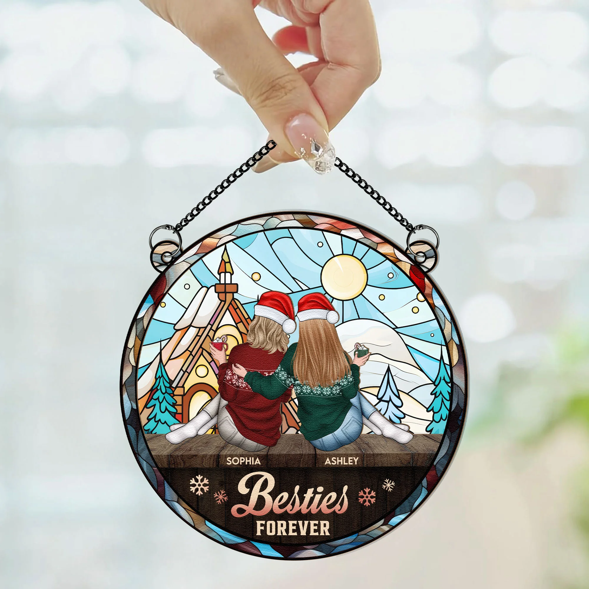 Friend, Sister Sitting Together - Personalized Window Hanging Suncatcher Ornament - Image 2