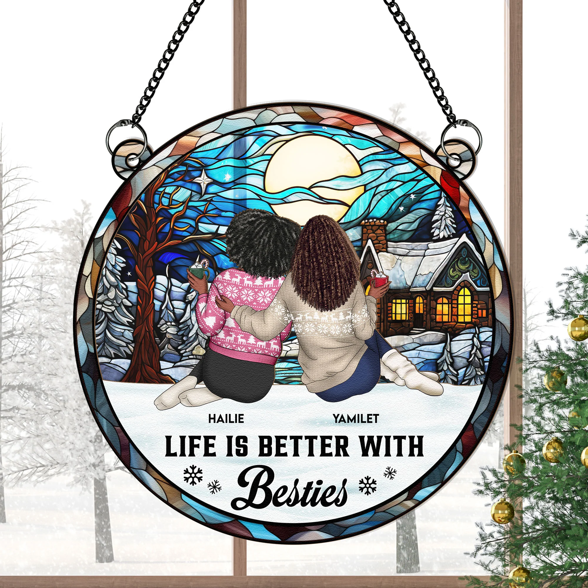 Friend, Sister Sitting Together - Personalized Window Hanging Suncatcher Ornament - Image 3