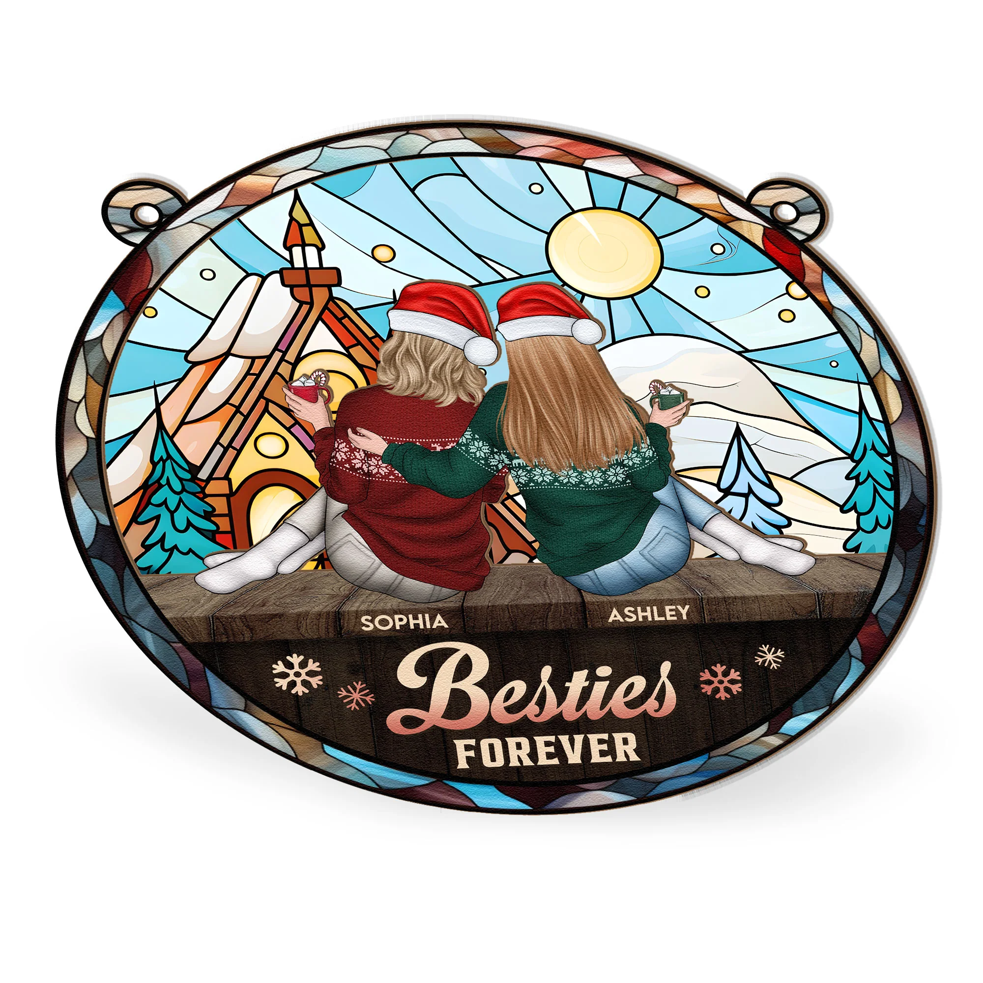 Friend, Sister Sitting Together - Personalized Window Hanging Suncatcher Ornament - Image 4