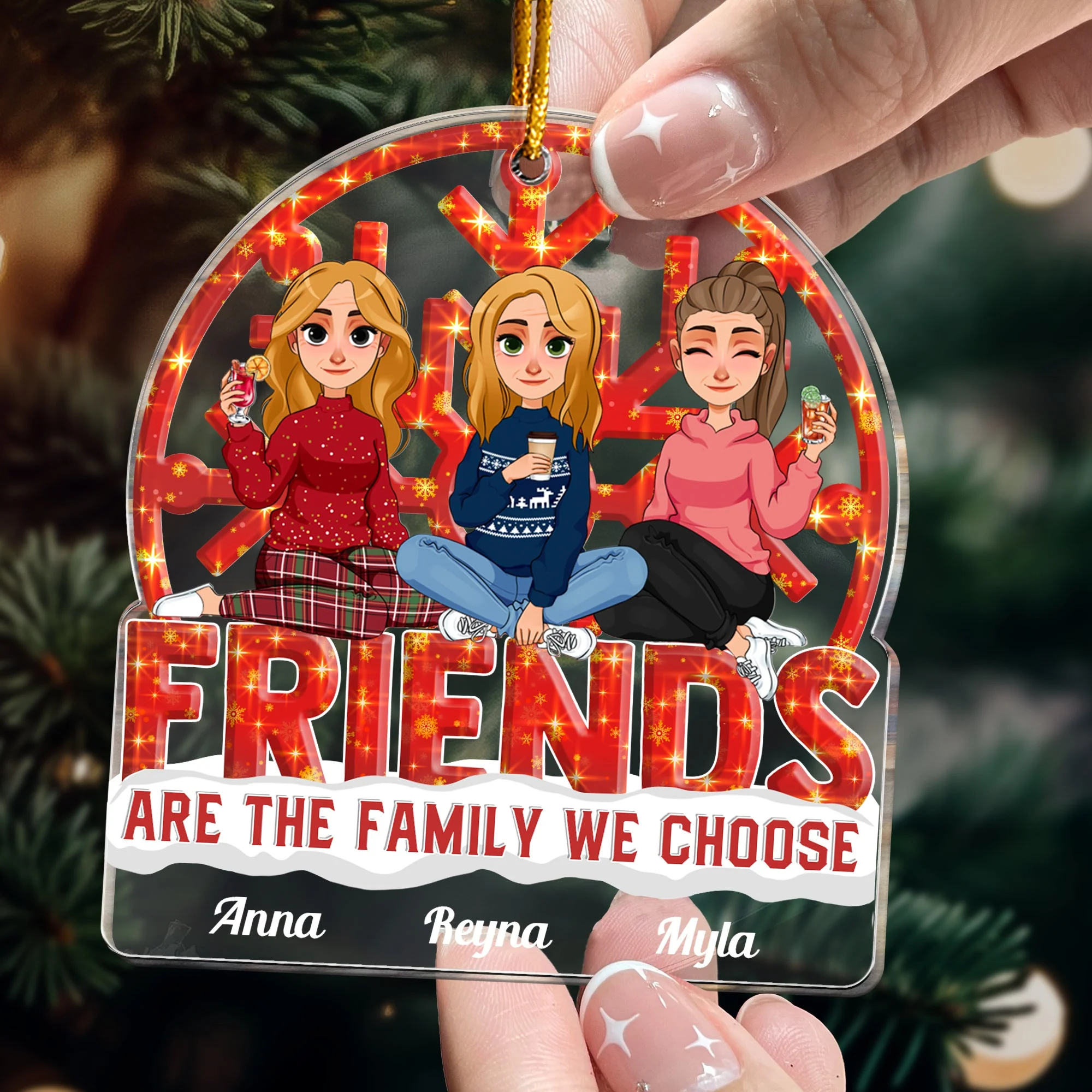 Friends Are The Family We Choose Red Christmas - Personalized Acrylic Ornament - Image 2