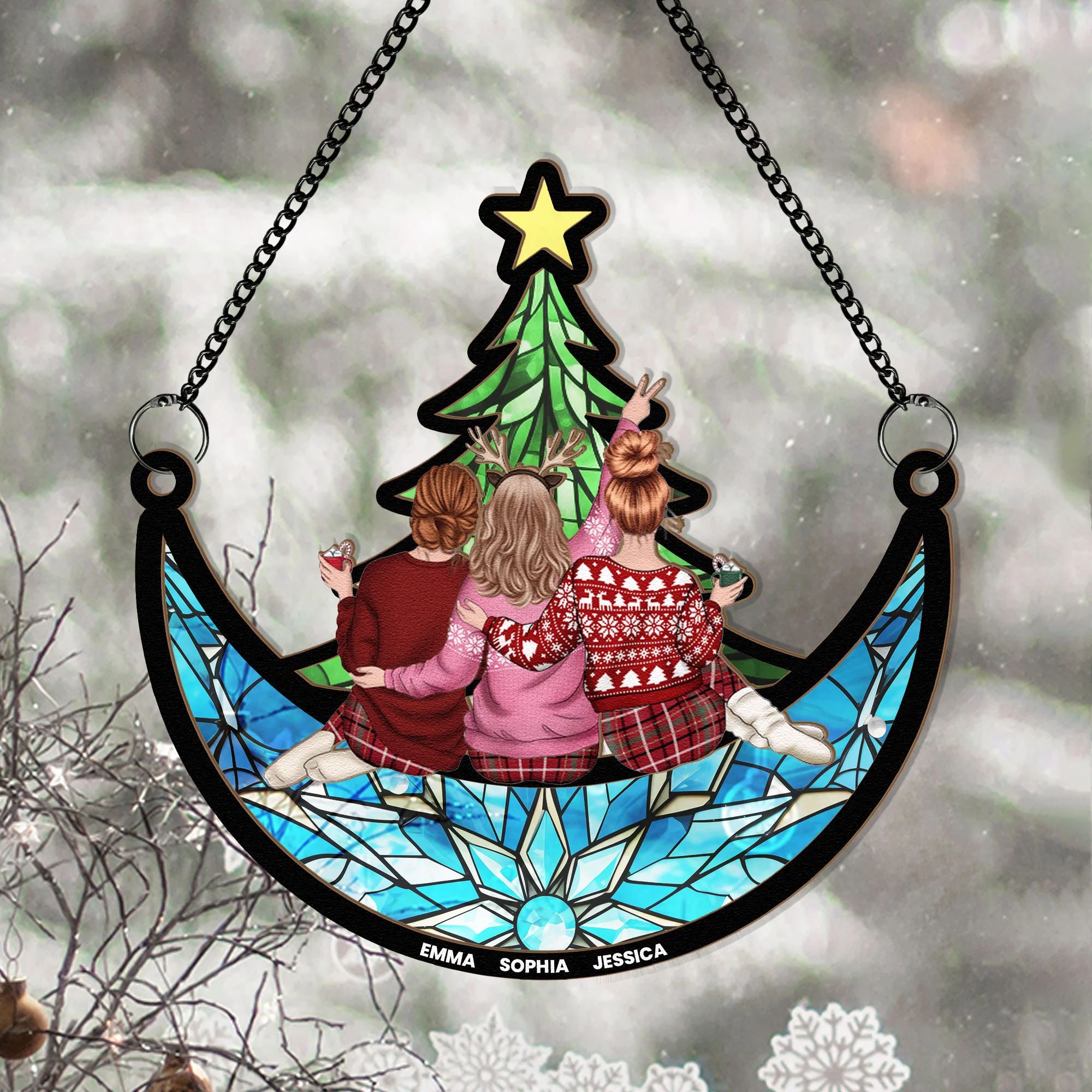 Friends, Family Sitting Under Christmas Tree On The Moon - Personalized Window Hanging Suncatcher Ornament - Image 2