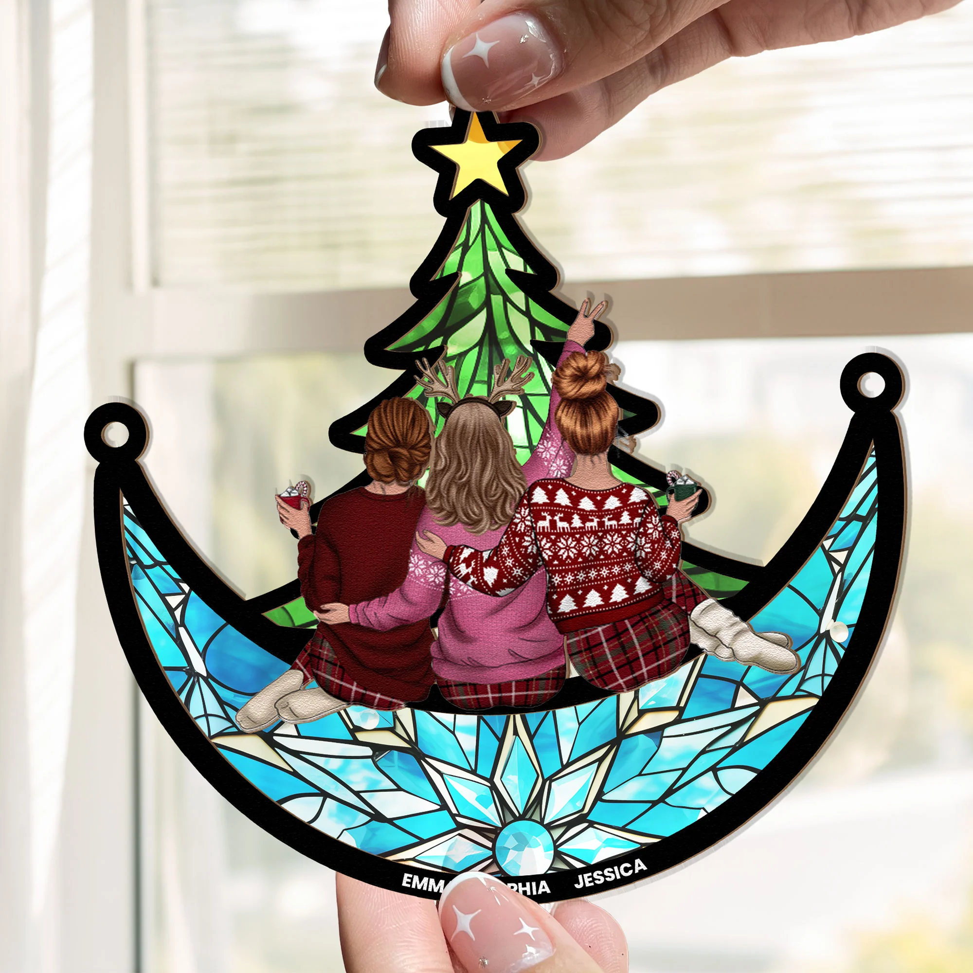 Friends, Family Sitting Under Christmas Tree On The Moon - Personalized Window Hanging Suncatcher Ornament - Image 4