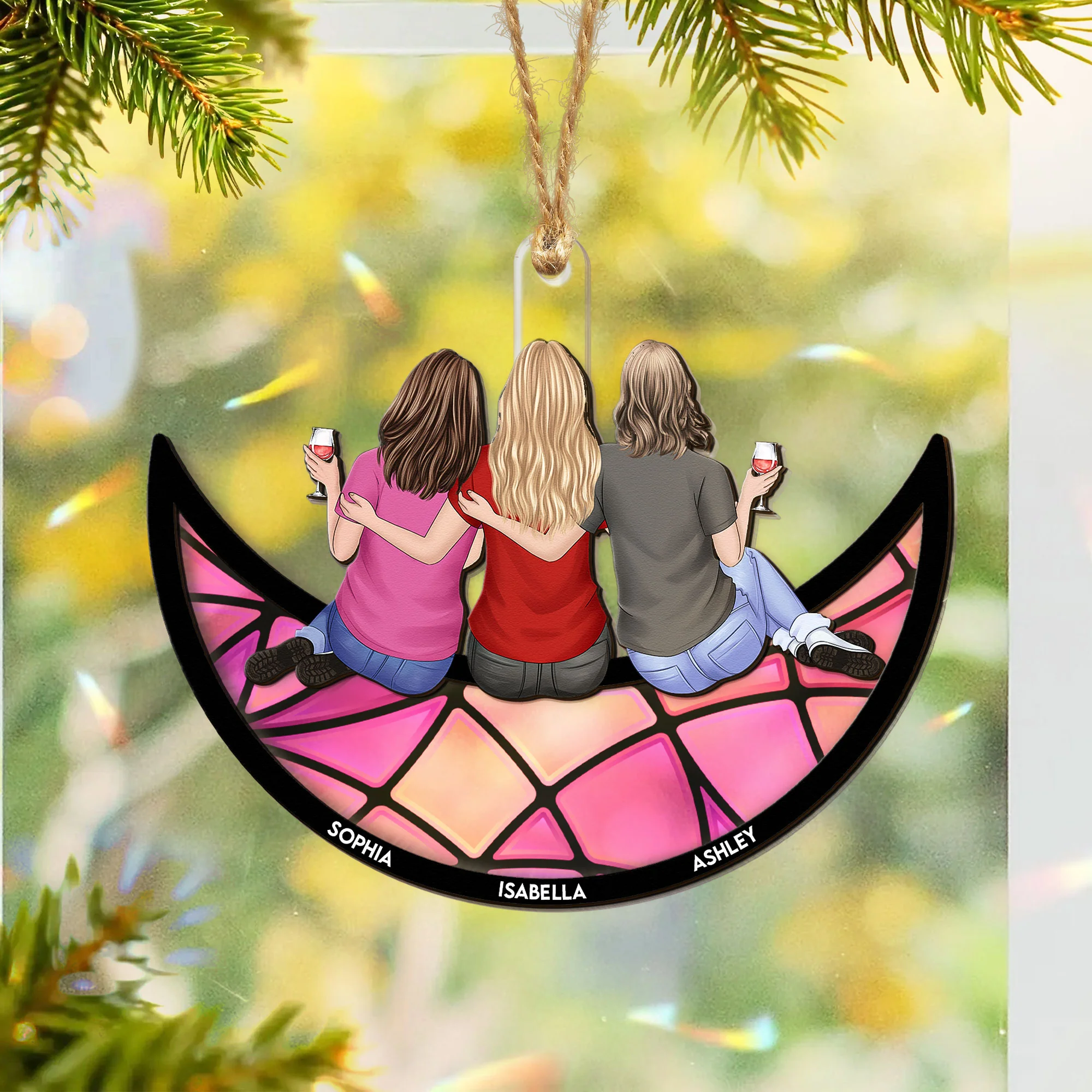 Friends, Sisters Sitting On The Moon - Personalized Suncatcher With Card - Image 2