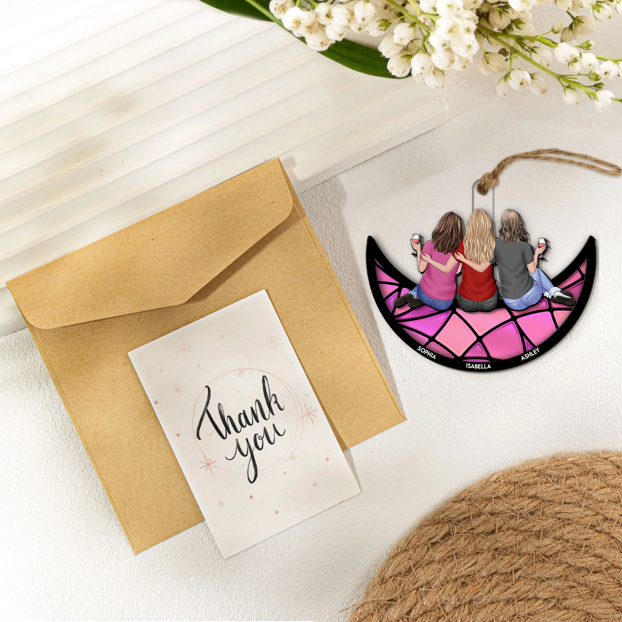 Friends, Sisters Sitting On The Moon - Personalized Suncatcher With Card - Image 4