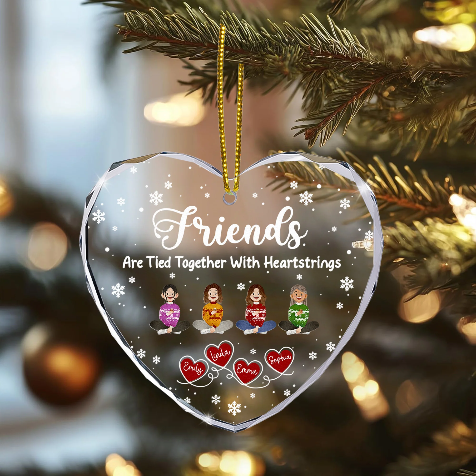 Friends Sisters Tied Together With Heartstrings - Personalized Heart Glass Ornament - Image 2