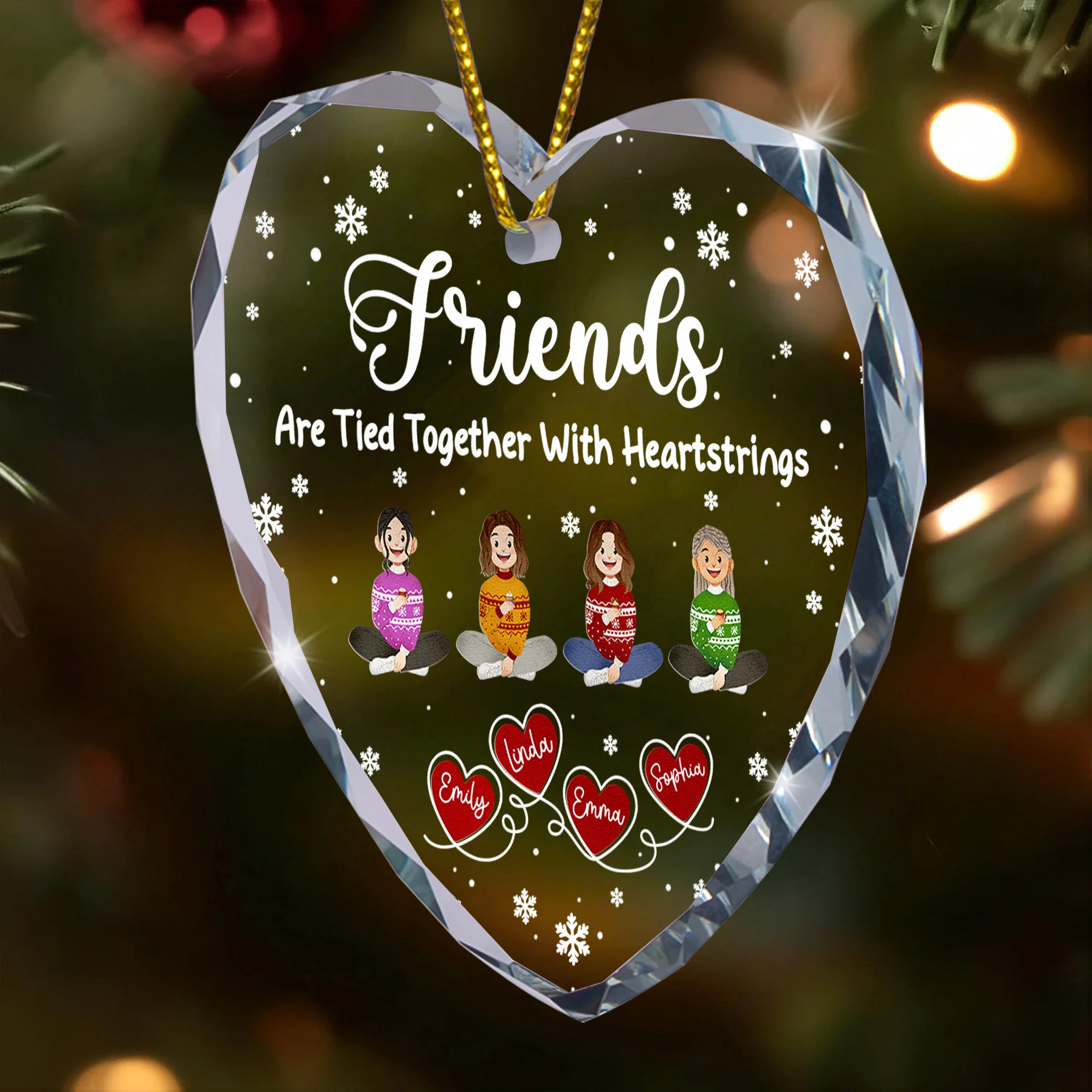 Friends Sisters Tied Together With Heartstrings - Personalized Heart Glass Ornament - Image 6